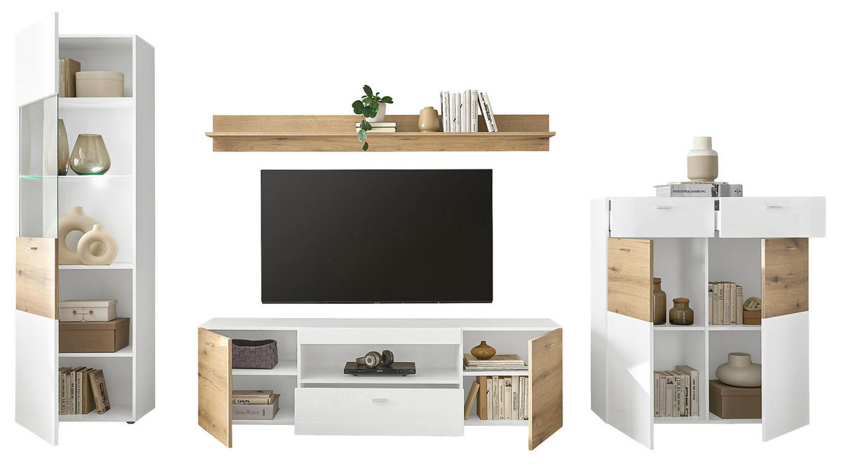 REGAL ZA DNEVNI BORAVAK bijela, boje hrasta, bijela visoki sjaj   - bijela/srebrne boje, Design, staklo/drvni materijal (310/195/40cm) - Carryhome
