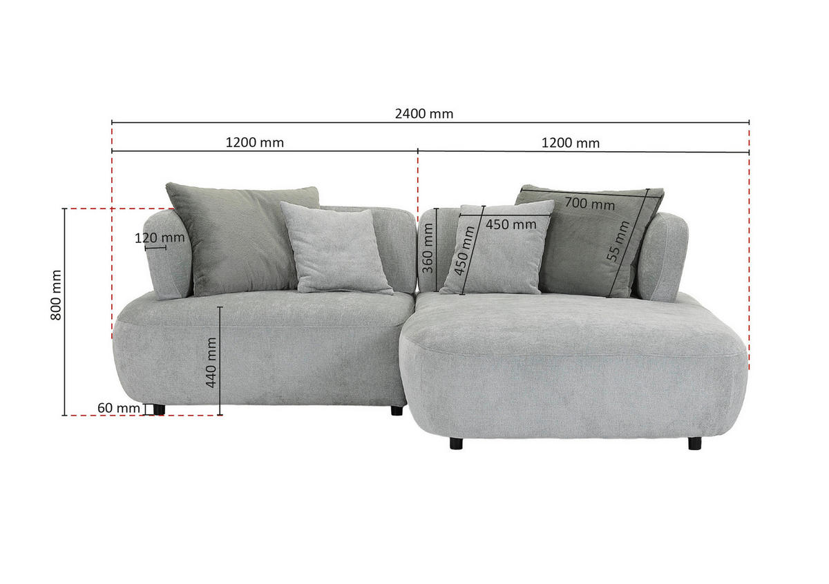 ECKSOFA Mintgrün Flachgewebe Zierkissen, Rückenkissen, Rücken echt, Sitztiefenverstellung  - Salbeigrün/Schwarz, MODERN, Kunststoff/Textil (240/190cm) - Ambia Home