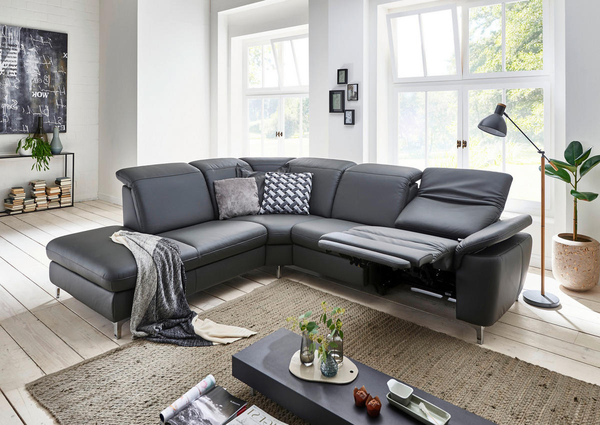 ECKSOFA Anthrazit Echtleder  - Chromfarben/Anthrazit, KONVENTIONELL, Leder/Metall (242/289cm) - Cantus