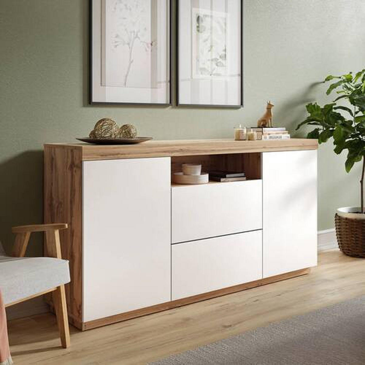 KOMODA, bílá, dub wotan, 164/85/42 cm - bílá/šedá, Design, kompozitní dřevo/plast (164/85/42cm) - MID.YOU