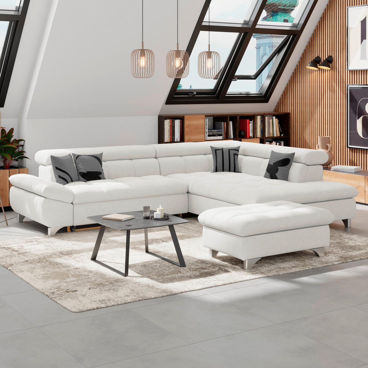 ECKSOFA Creme Chenille  - Chromfarben/Creme, KONVENTIONELL, Textil/Metall (312/234cm) - Livetastic