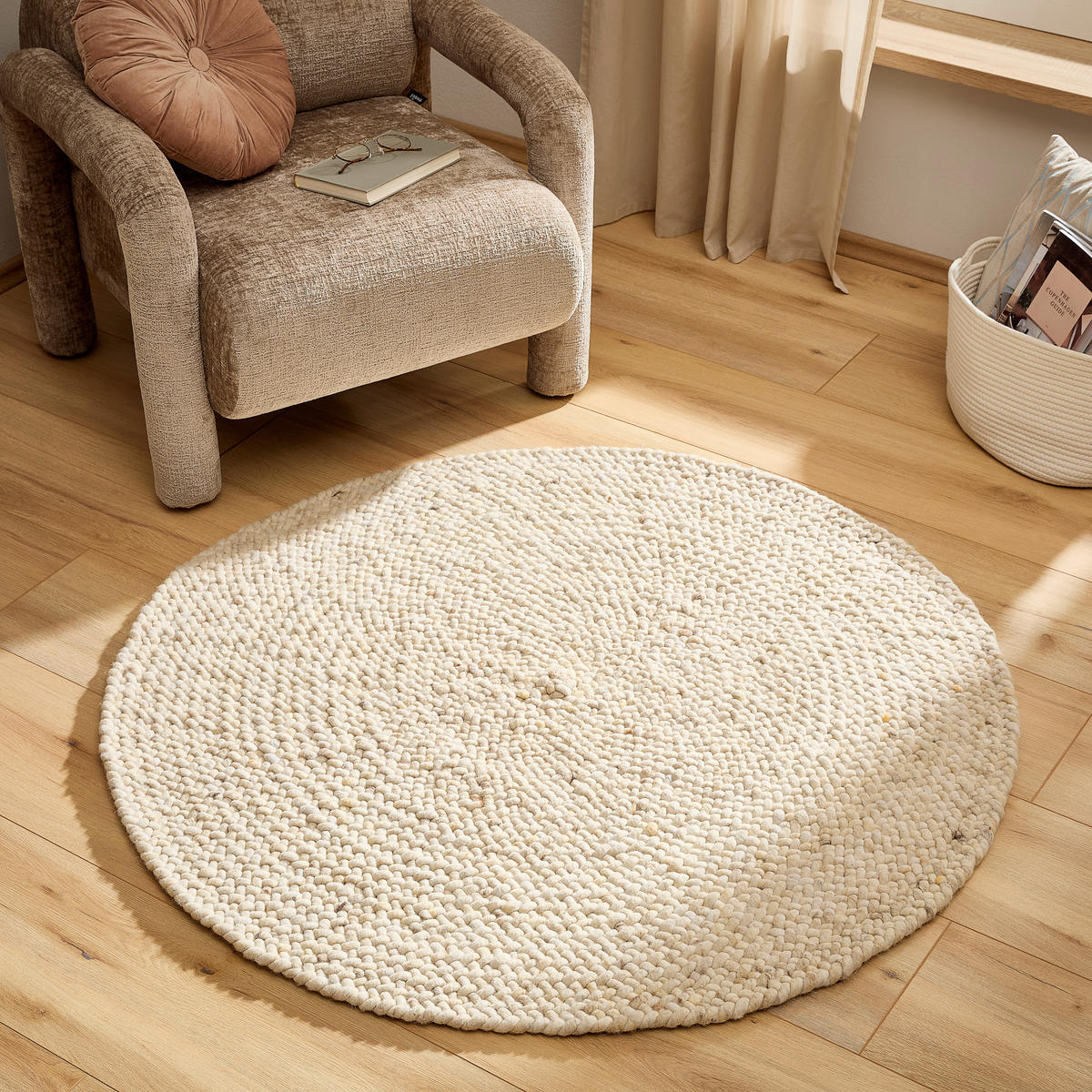 HANDWEBTEPPICH  Wohnzimmer 180 cm Beige rund  - Beige, KONVENTIONELL, Textil (180cm) - Linea Natura