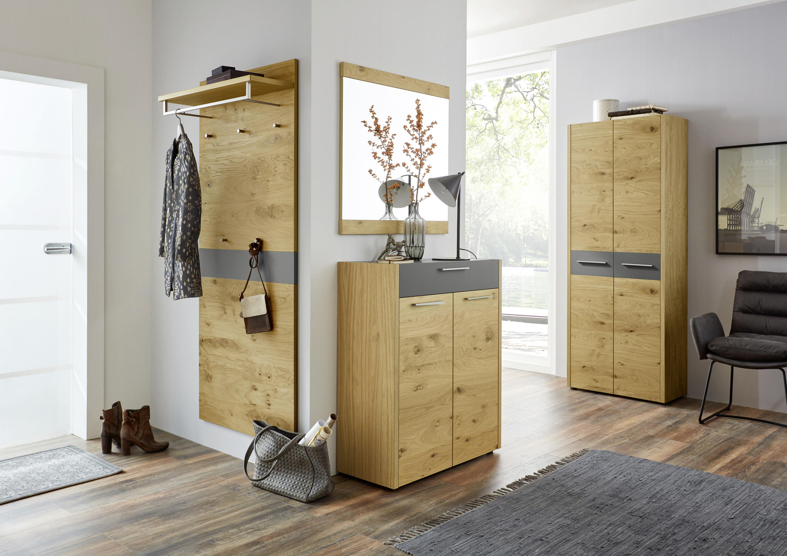 SCHUHSCHRANK Eiche, Balkeneiche furniert Grau, Eichefarben - Eichefarben/Silberfarben, Design, Holz/Holzwerkstoff (86/103/37cm)