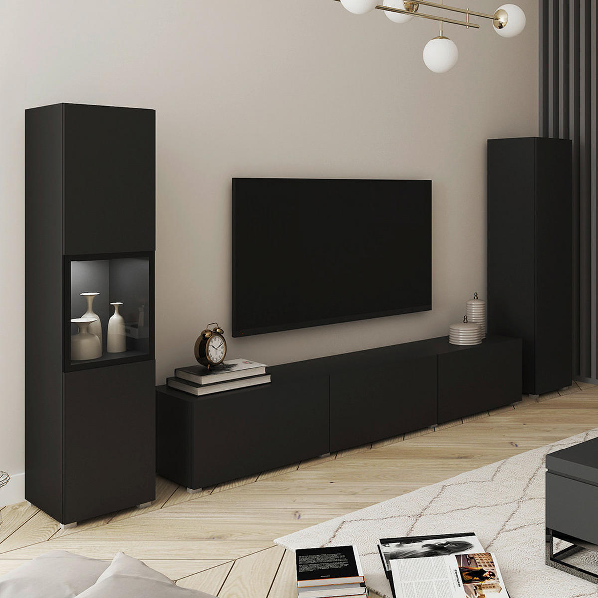 OBÝVACIA STENA, čierna - čierna/sivá, Design, kompozitné drevo/sklo (240/130/31cm) - MID.YOU