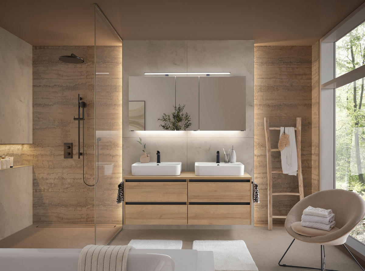 BADEZIMMER 4-teilig  in 152 cm  - Eichefarben/Weiß, Design, Glas/Keramik (152cm) - Musterring