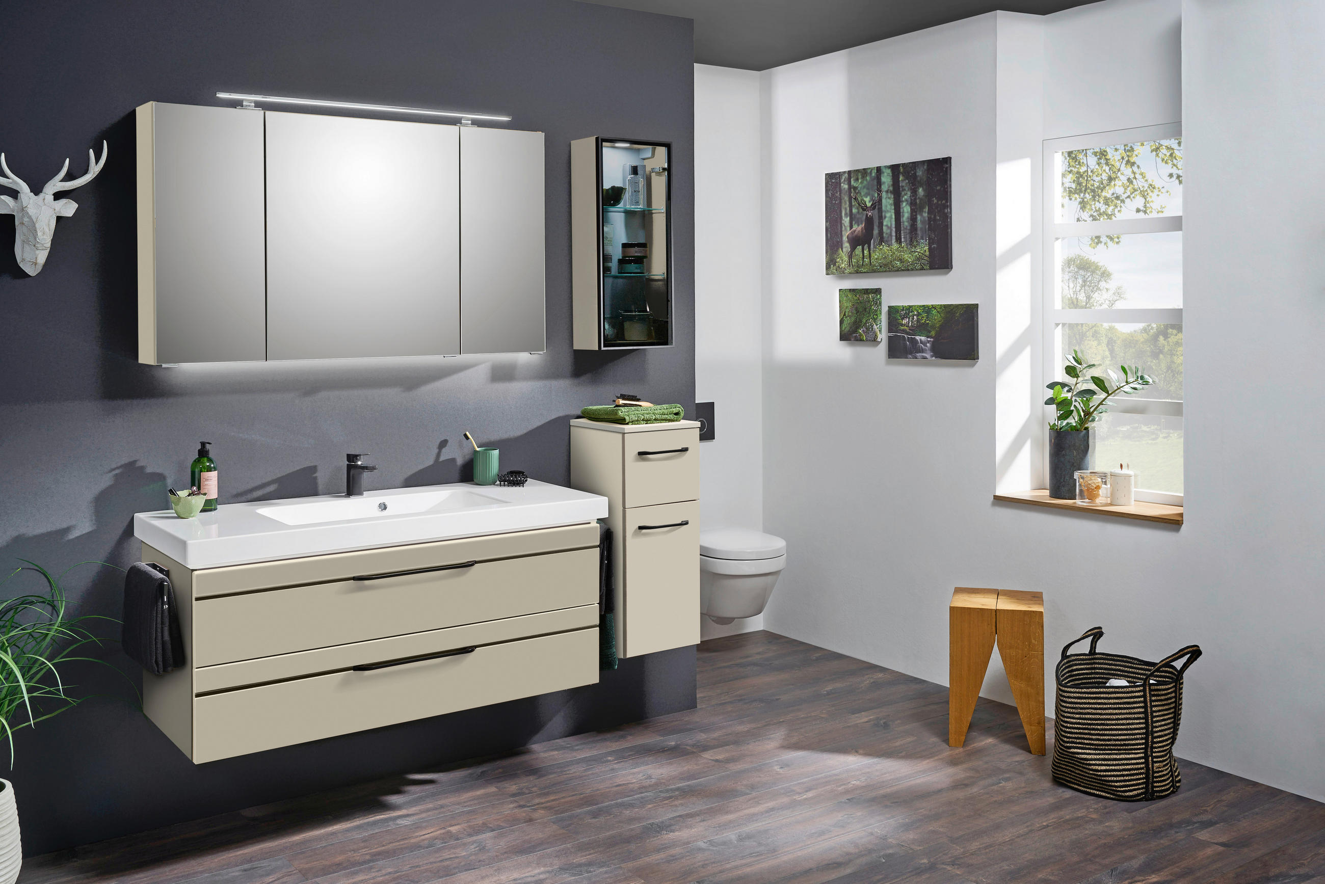 Thumbnail - Sadena Waschtischkombi Bern, Schwarz, Kaschmir, Metall, 2 Schublade(n) Schubladen, 123.5 cm, Goldenes M, Made in Germany...