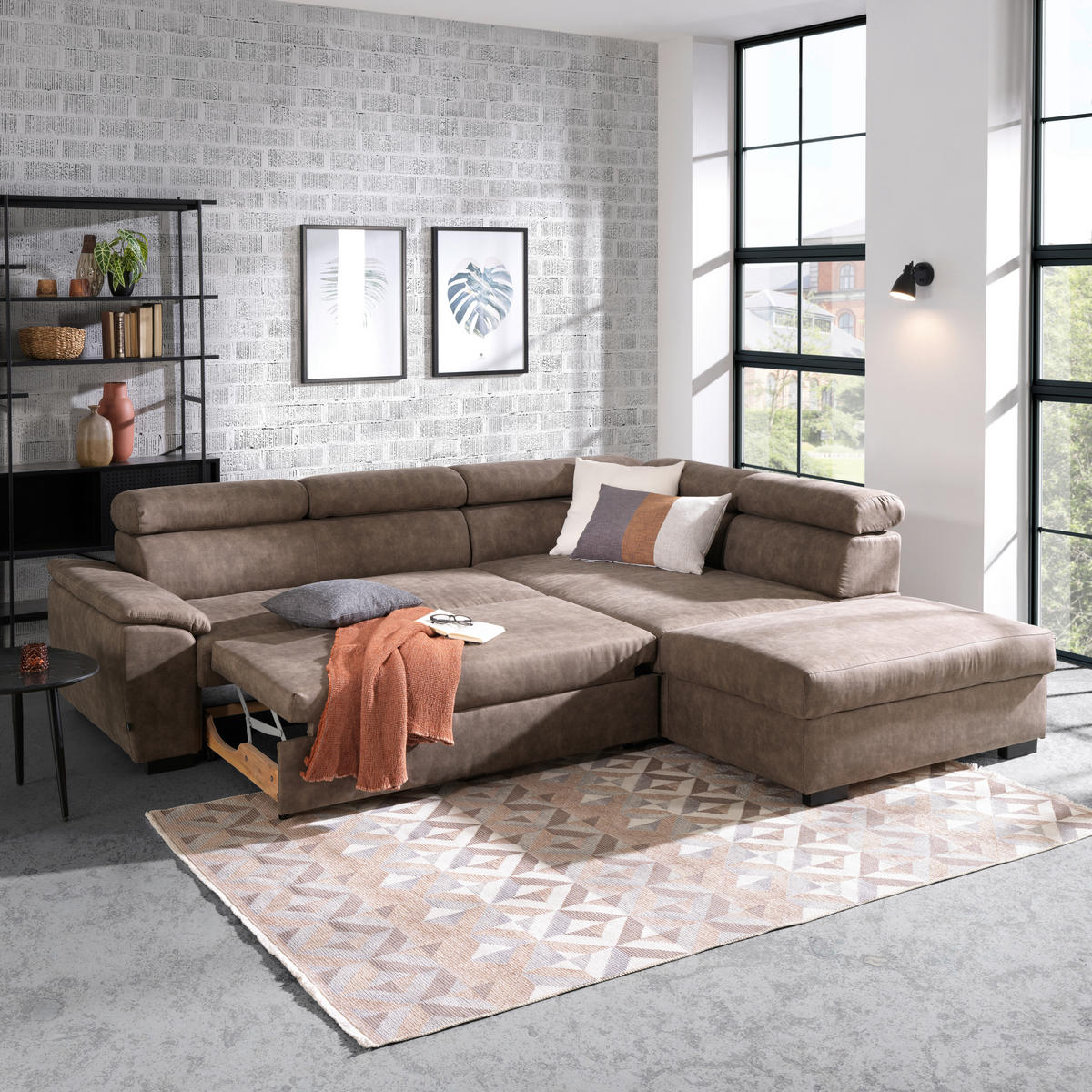 ECKSOFA in Lederlook Taupe  - Taupe/Schwarz, Design, Kunststoff/Textil (263/230cm) - Hom`in