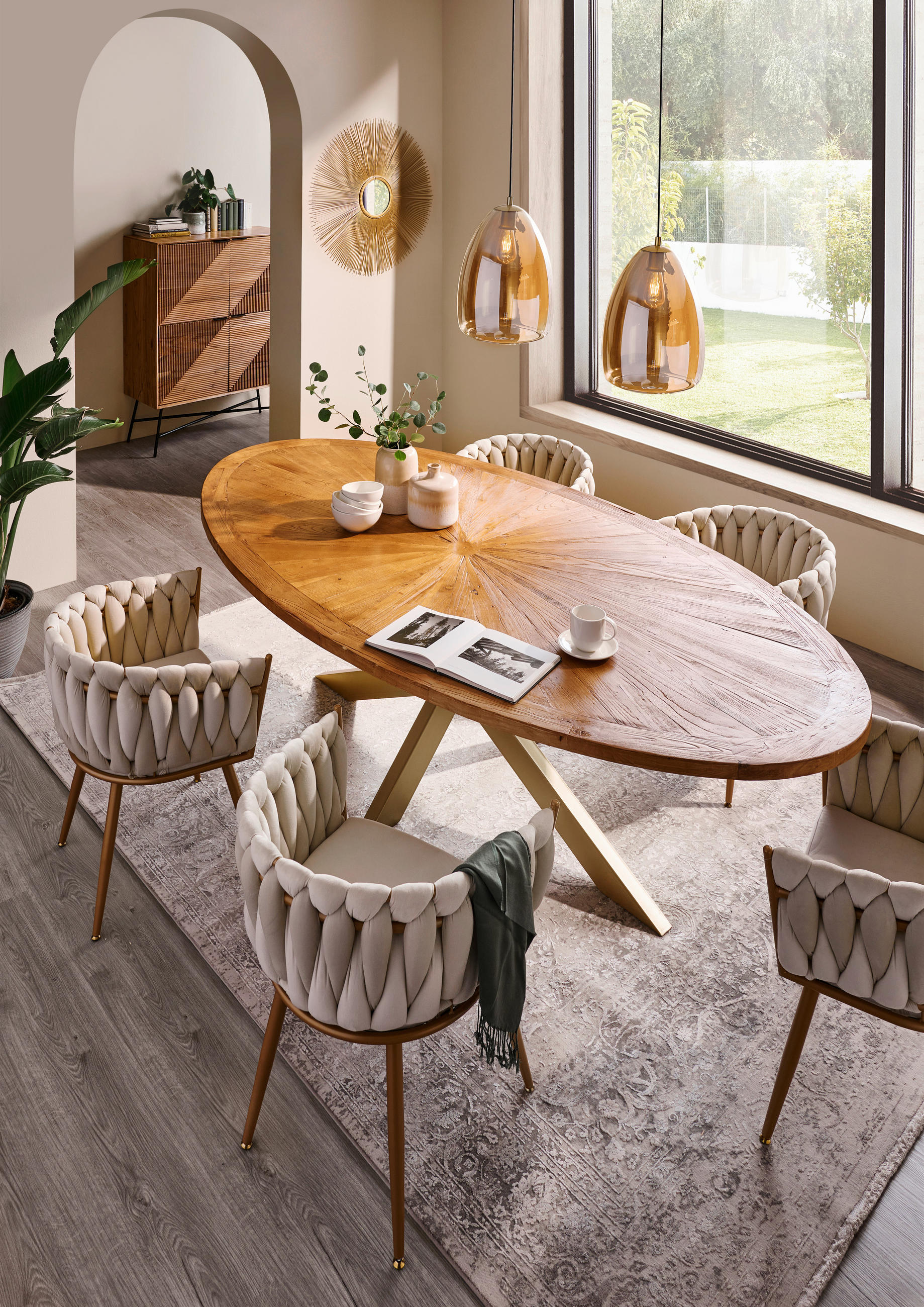 ESSTISCH Ulme massiv oval Goldfarben, Ulmefarben  - Ulmefarben/Goldfarben, LIFESTYLE, Holz/Metall (254/135/78cm) - Ambia Home
