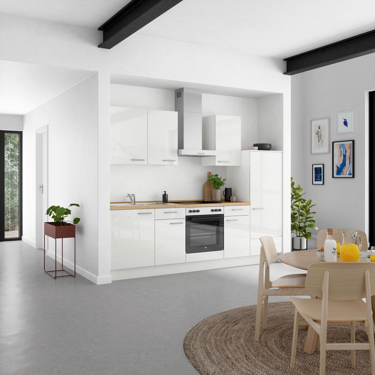 KÜCHENLEERBLOCK 270 cm   in Eichefarben, Weiß Hochglanz  - Edelstahlfarben/Eichefarben, MODERN, Holzwerkstoff/Metall (270cm) - Nobilia