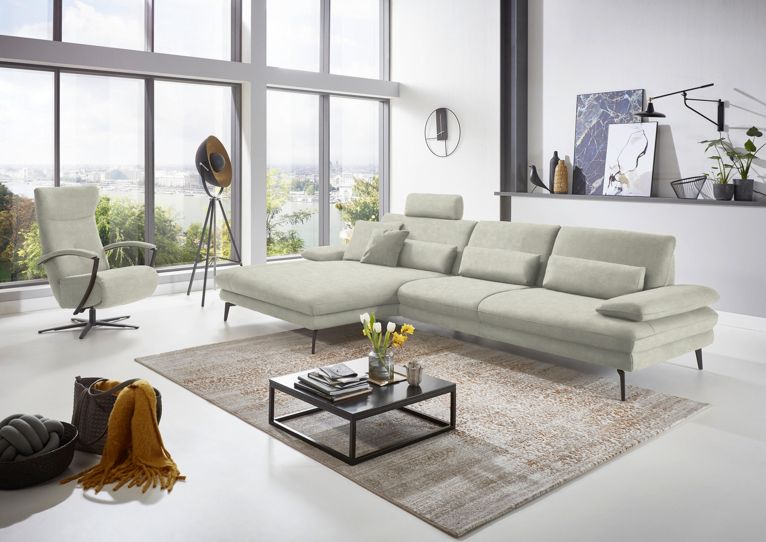 ECKSOFA in Velours Ecru  - Ecru/Schwarz, Design, Textil/Metall (180/310cm) - Dieter Knoll