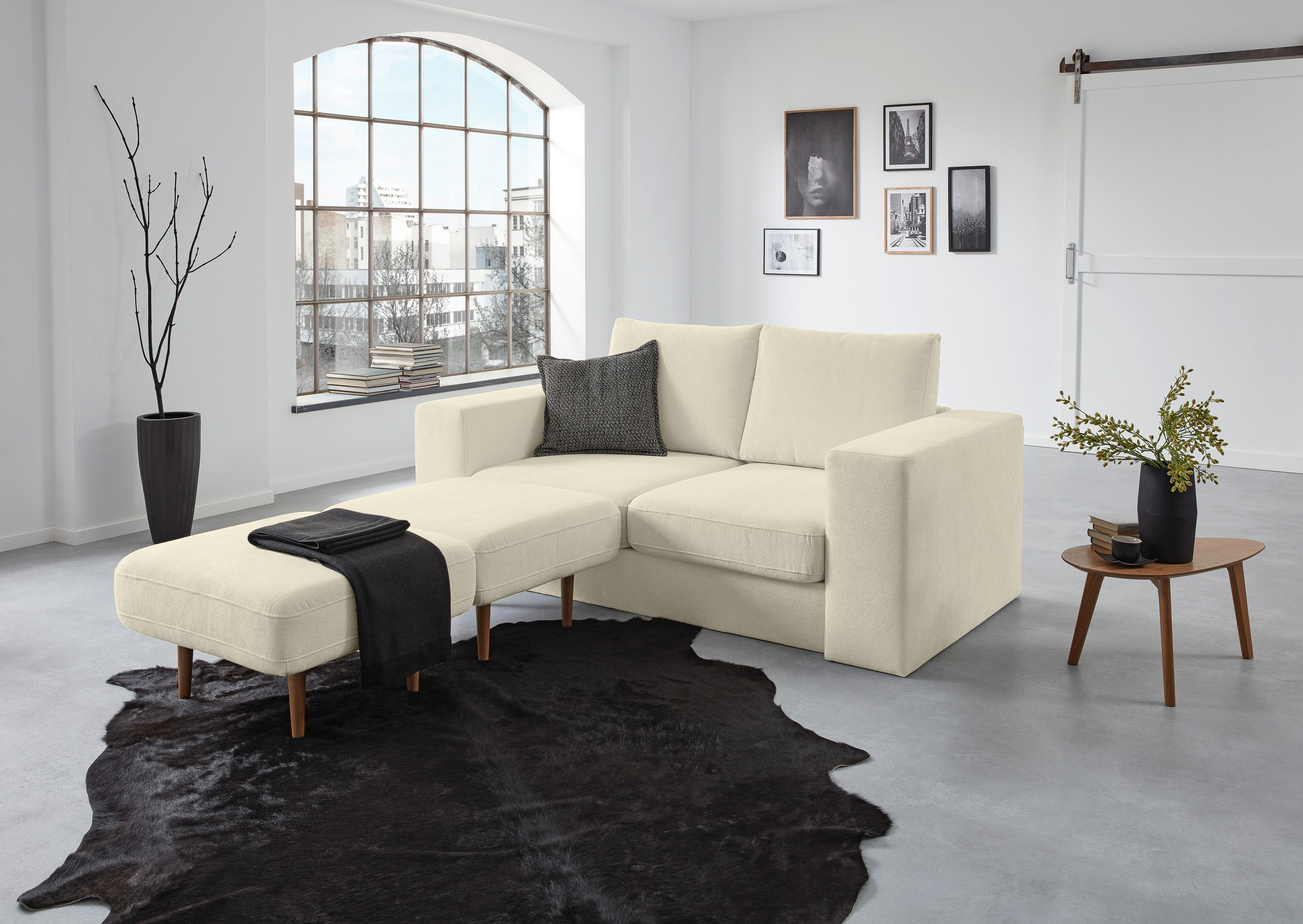 DREISITZER-SOFA inkl. Hocker Webstoff Creme  - Eichefarben/Creme, Design, Holz/Textil (212/96/107cm) - LOOKS by W.Joop