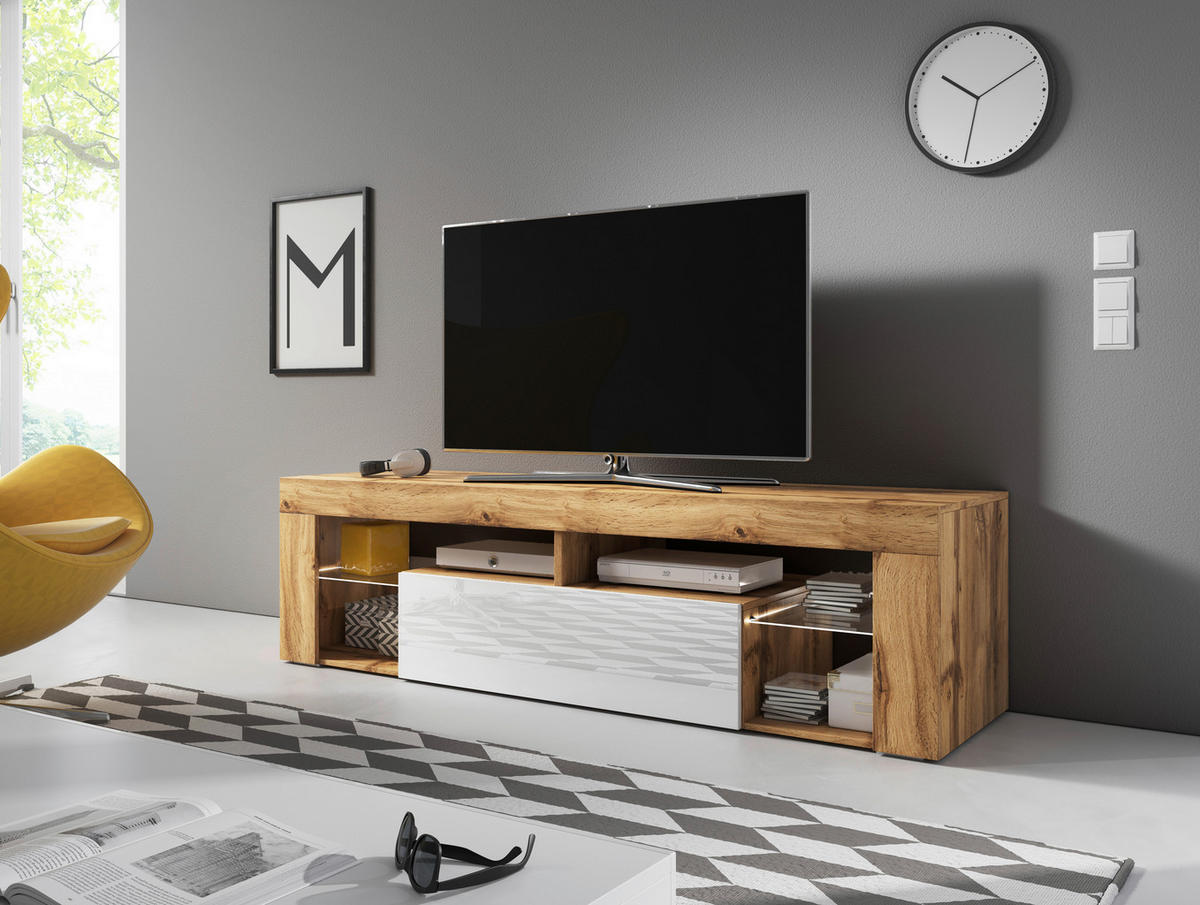 LOWBOARD EVEREST  in 140/50,5/35 cm  - Eiche Wotan/Schwarz, Design, Glas/Holzwerkstoff (140/50,5/35cm) - Livetastic