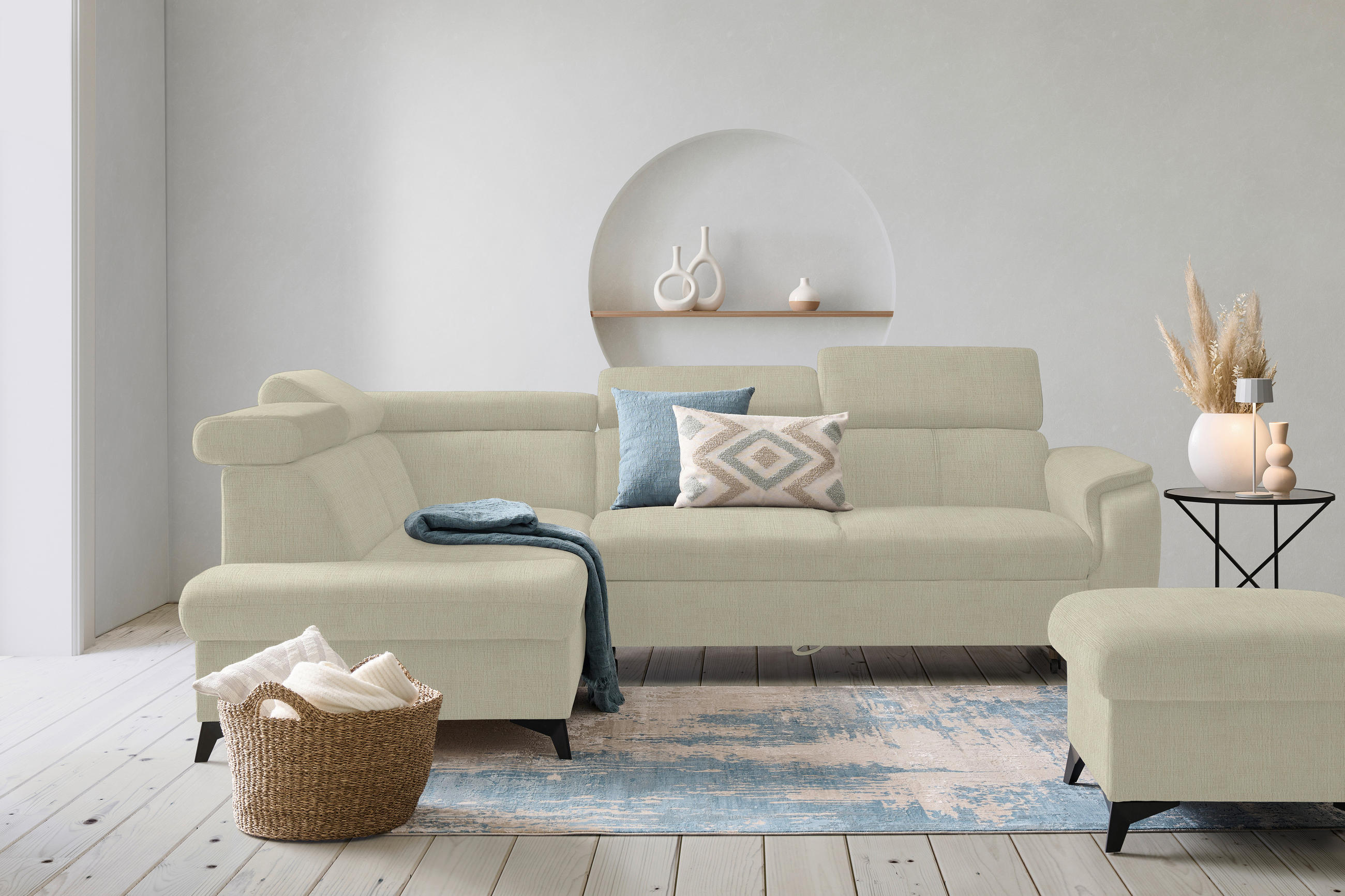 ECKSOFA in Flachgewebe Creme  - Creme/Schwarz, Design, Textil/Metall (203/260cm) - Stylife