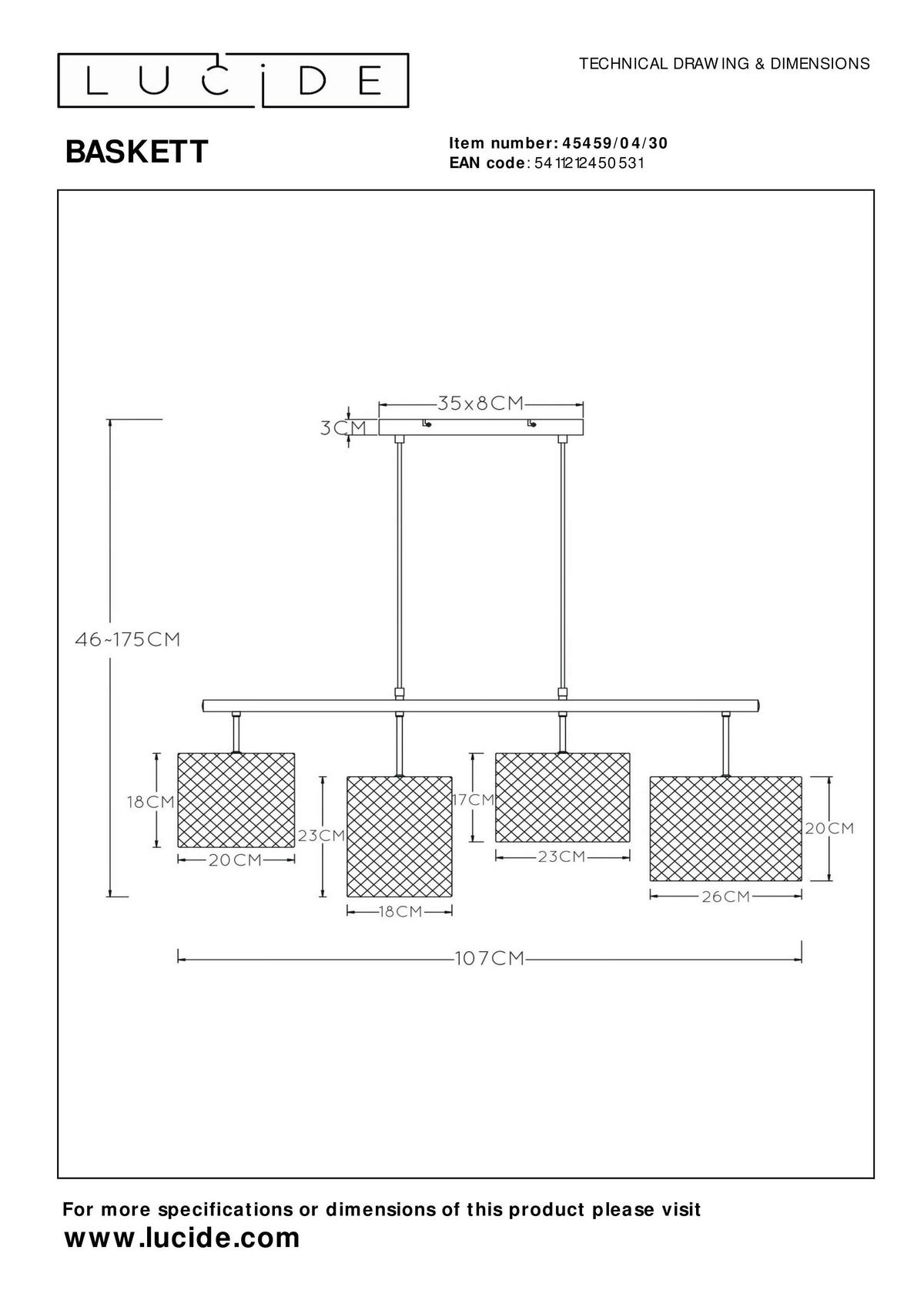 HÄNGELEUCHTE 107/23/175 cm    - Schwarz, Basics, Metall (107/23/175cm) - Lucide