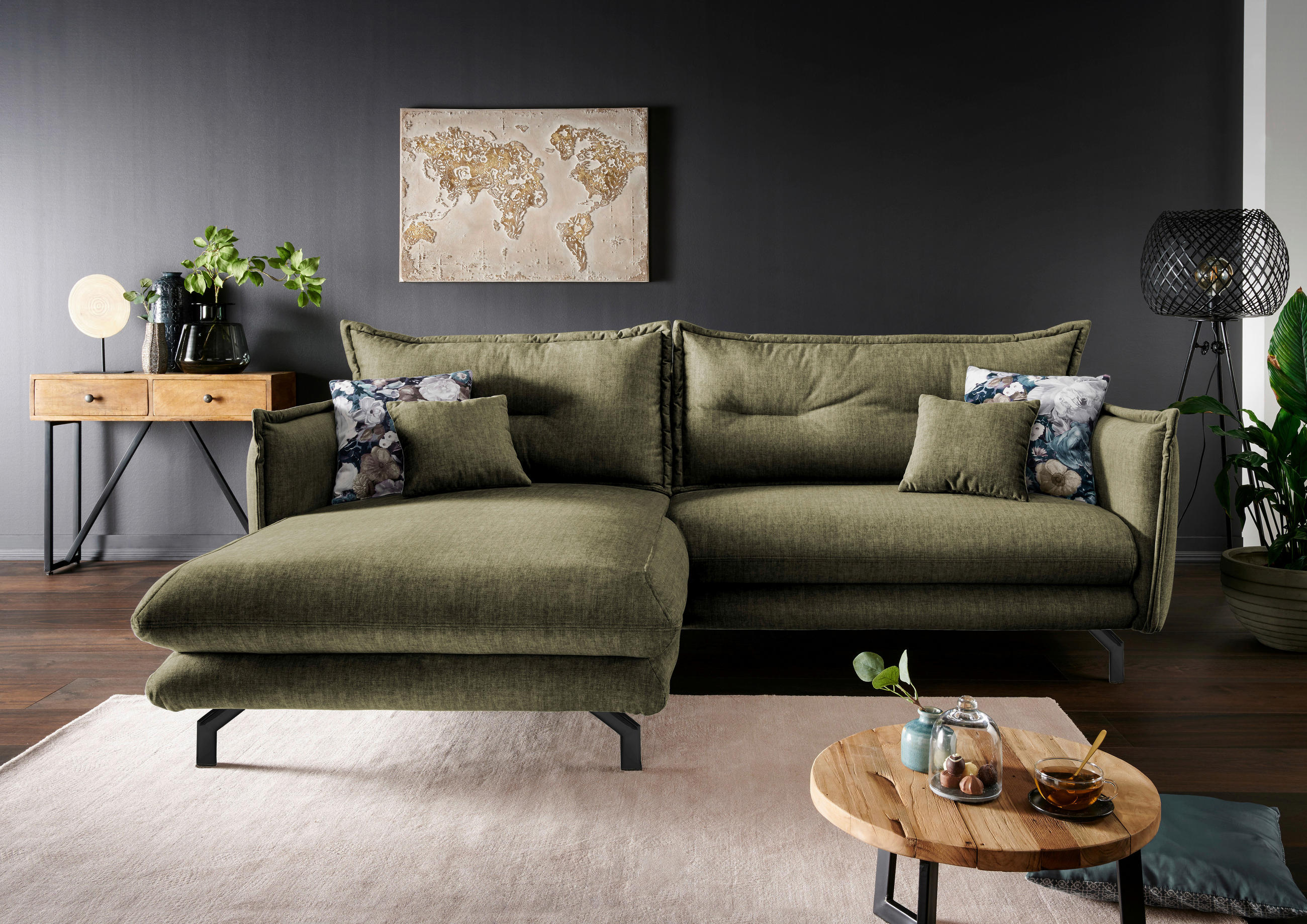 ECKSOFA in Velours Grün  - Türkis/Schwarz, Modern, Textil/Metall (180/255cm) - Livetastic