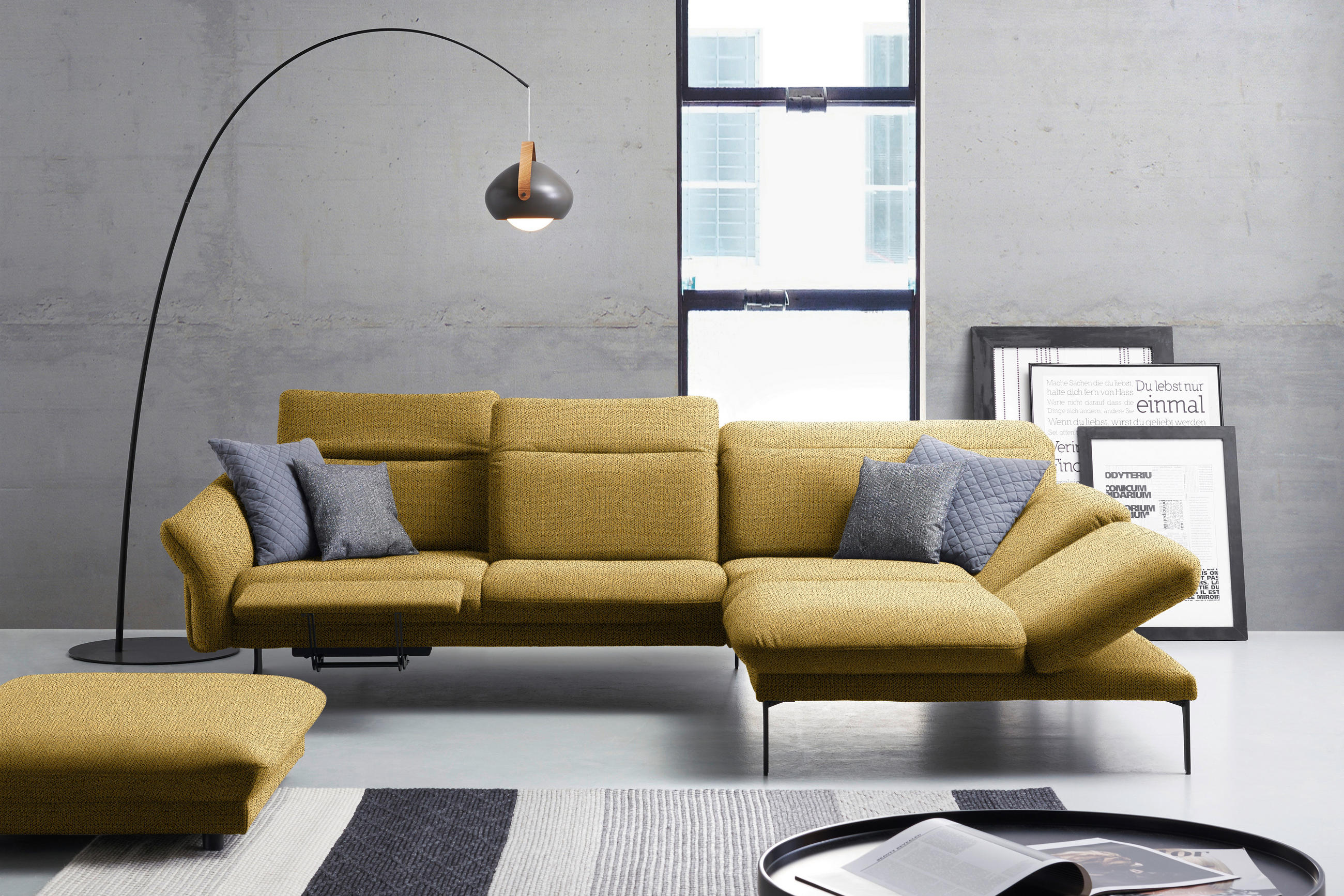 ECKSOFA in Webstoff Currygelb  - Currygelb/Anthrazit, Design, Textil/Metall (299/203cm) - Himolla