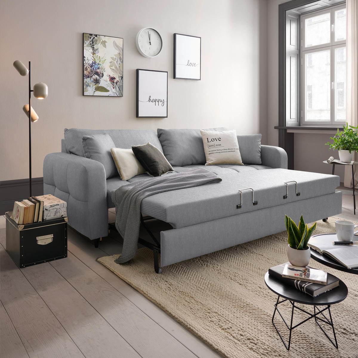 SCHLAFSOFA Cord, Velours Hellgrau Stoffauswahl, Bettfunktion erhältlich, Rücken echt, Armteil links, Armteil rechts  - Hellgrau/Schwarz, Design, Holz/Textil (236/88/101cm) - Lomoco