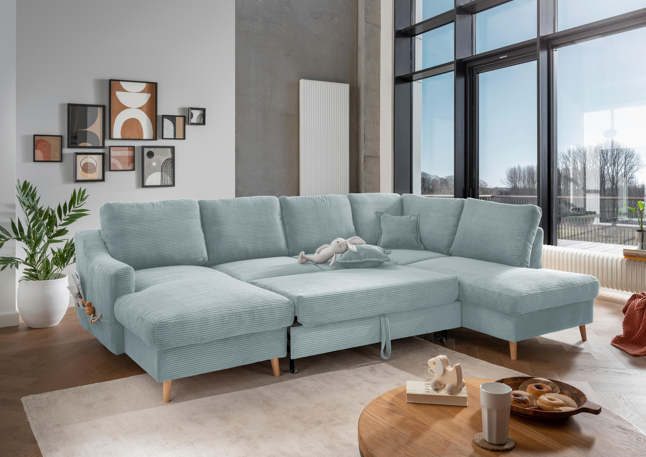 WOHNLANDSCHAFT Hellblau Cord  - Naturfarben/Hellblau, KONVENTIONELL, Holz/Textil (150/301/200cm) - P & B