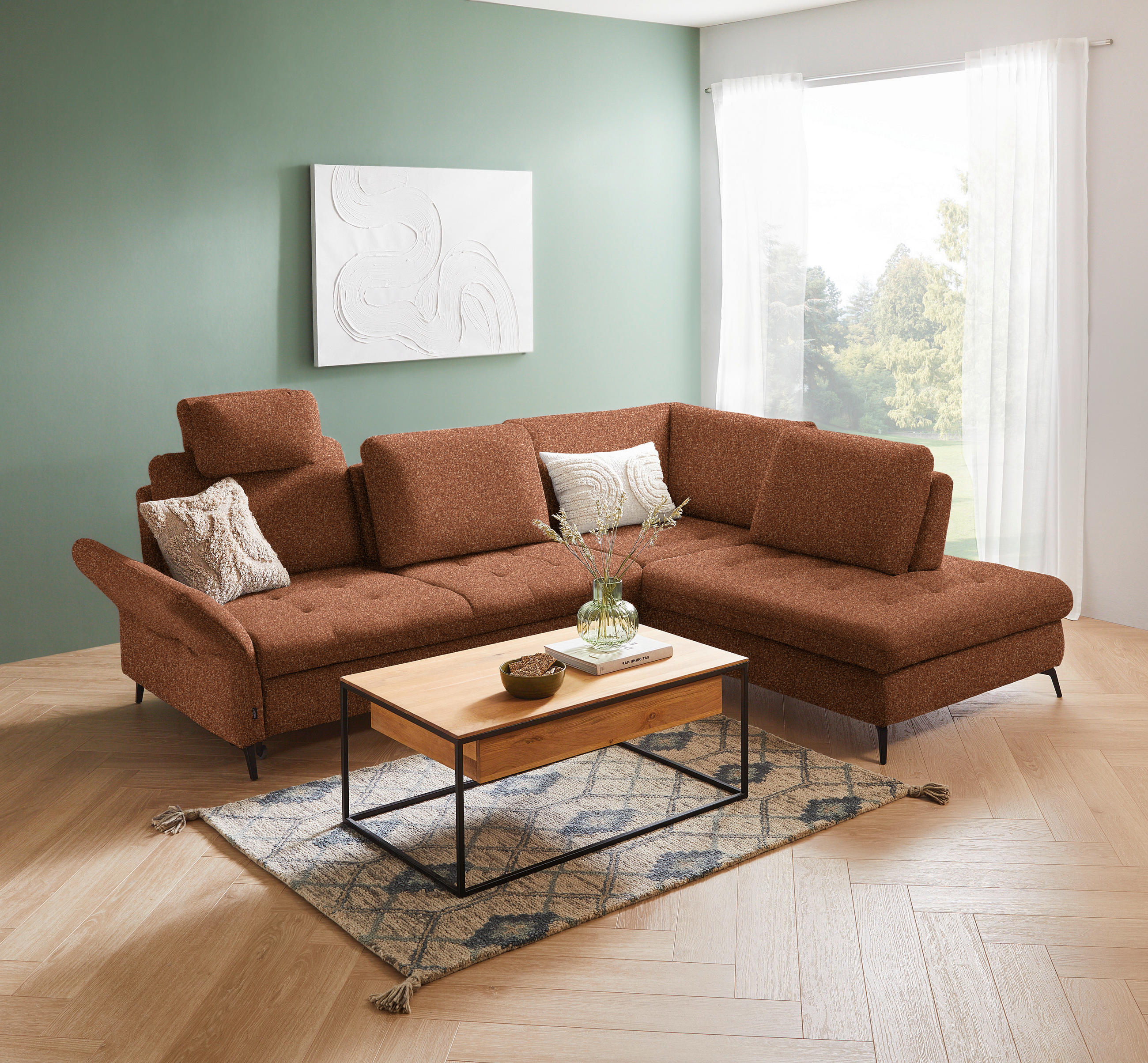 ECKSOFA in Bouclé Cognac  - Cognac/Schwarz, Natur, Textil/Metall (288/233cm) - Valnatura