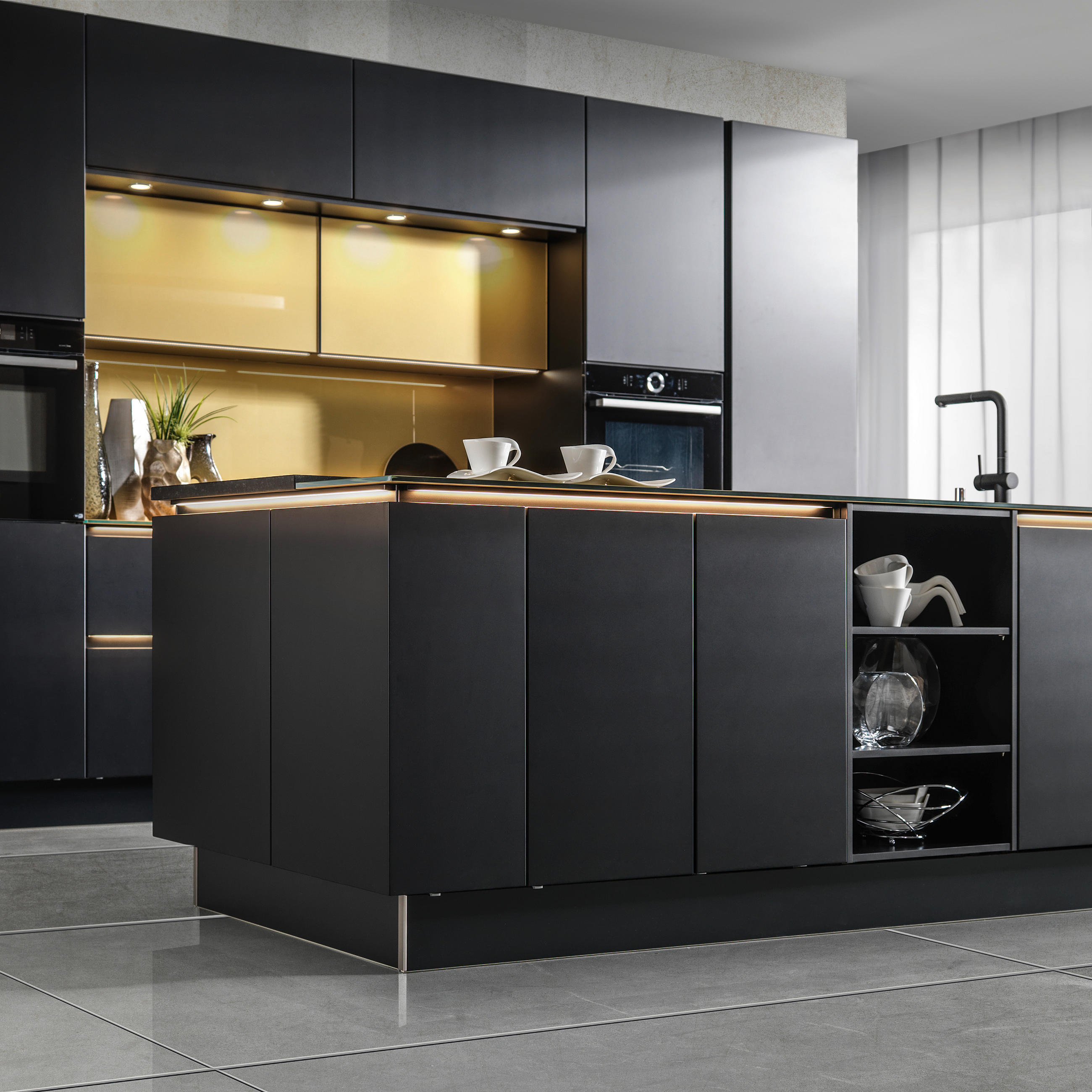 EINBAUKÜCHE DK405  - Goldfarben/Schwarz, Design, Holzwerkstoff - Dieter Knoll