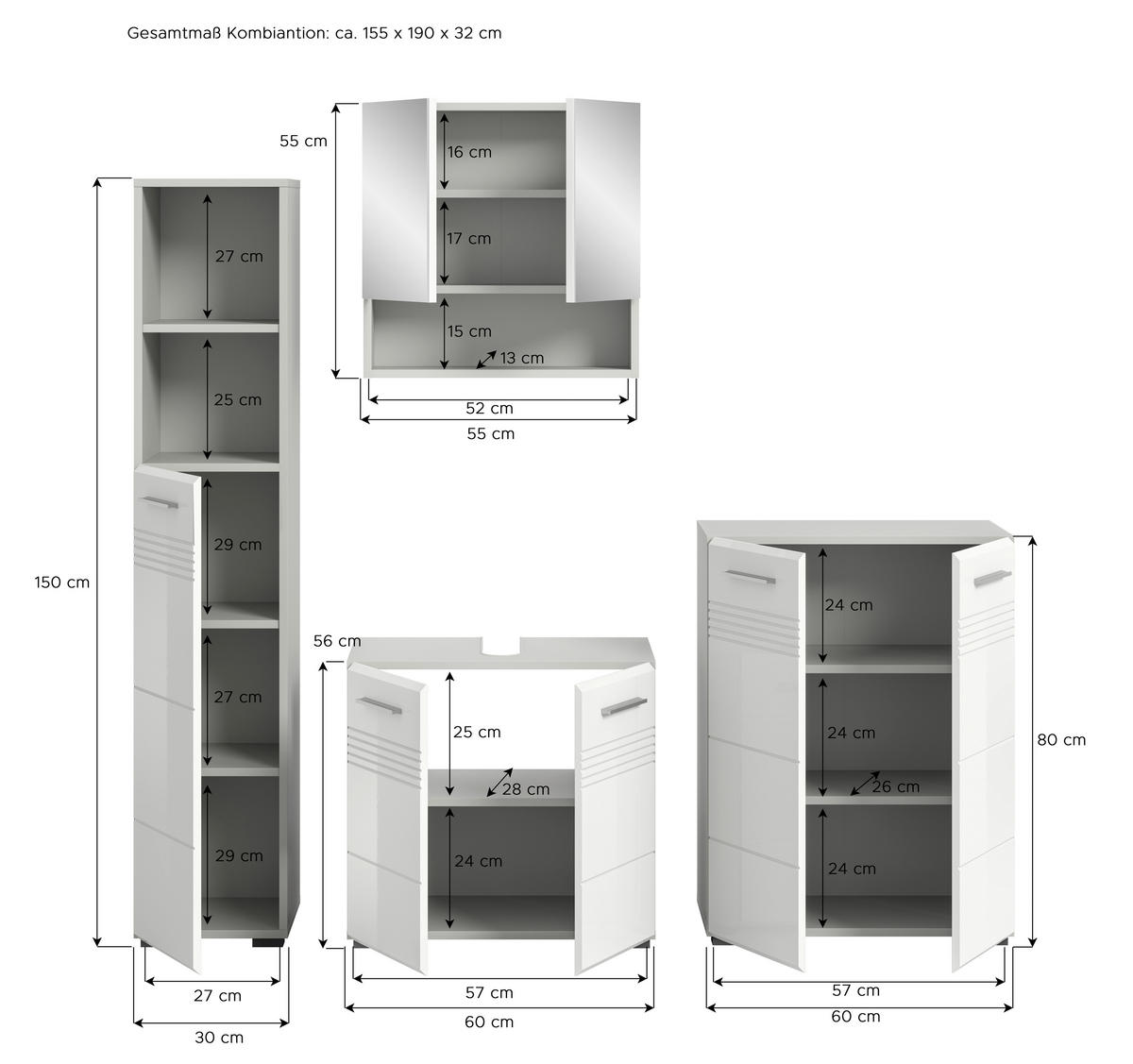 BADEZIMMER 4-teilig  in 150 cm  - Chromfarben/Weiß Hochglanz, MODERN, Holzwerkstoff/Kunststoff (150cm) - MID.YOU