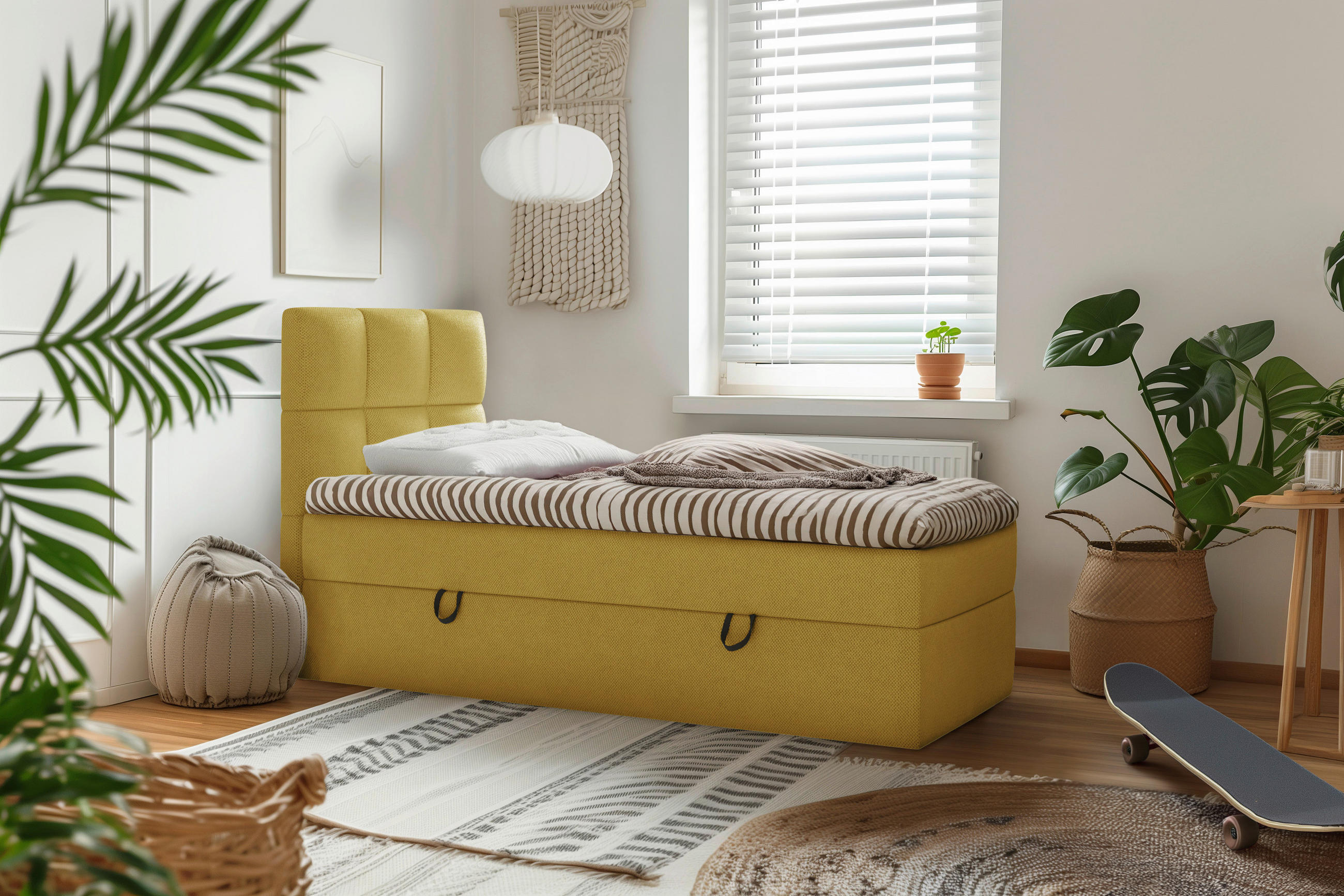 BOXBETT 90/200 cm,  in Senfgelb, gepolstertes Kopfteil, Bettkasten, Topper, H3 = fest  - Senfgelb/Schwarz, MODERN, Holz/Holzwerkstoff (90/200cm) - MID.YOU