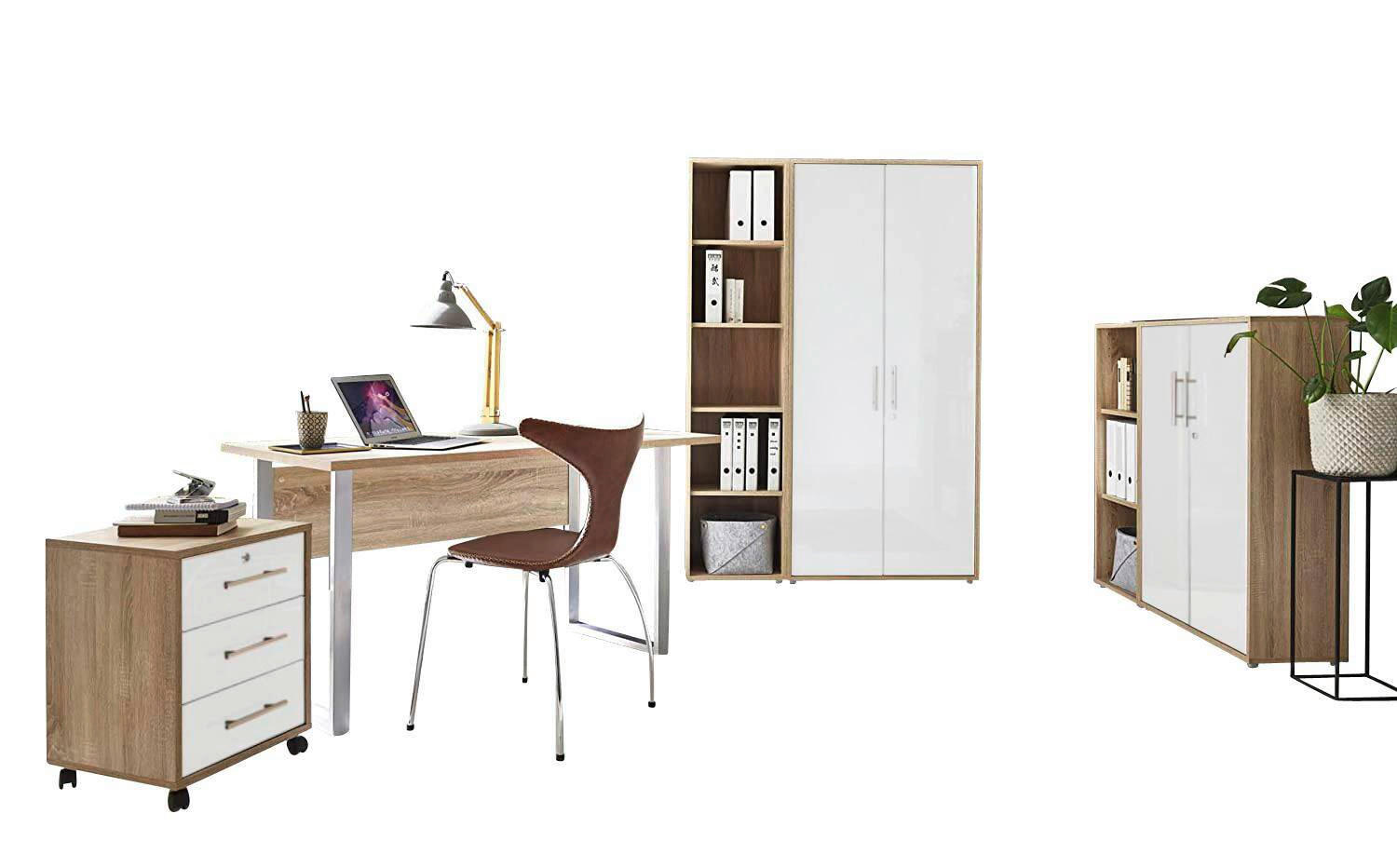 BÜRO erweiterbar, in verschiedenen Holz-Dekoren erhältlich, abschließbar Sonoma Eiche, Weiß Hochglanz - Weiß Hochglanz/Sonoma Eiche, MODERN, Holzwerkstoff/Metall - MID.YOU