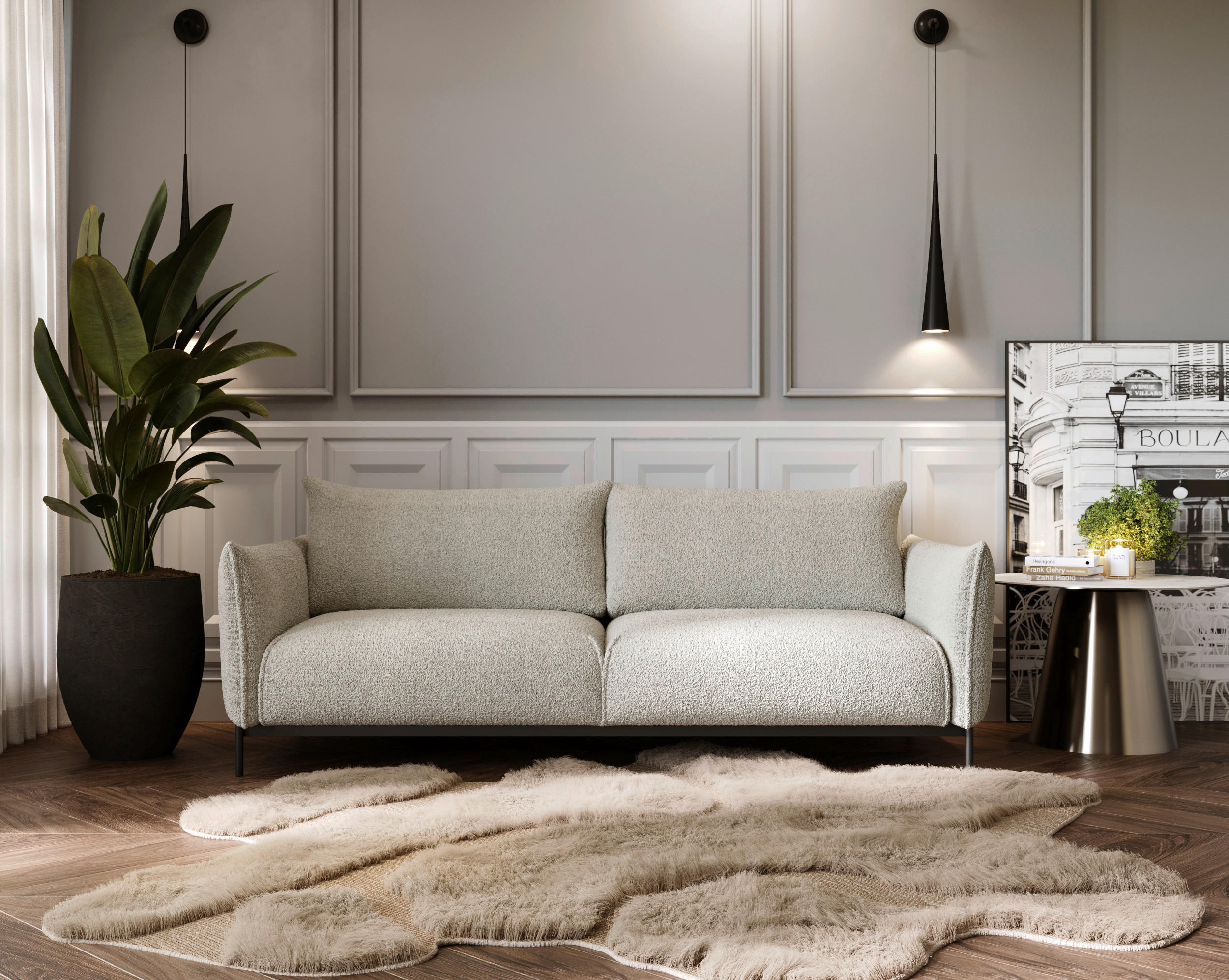 SOFA Chenille Creme  - Creme/Schwarz, Design, Textil/Metall (223/96/95cm) - Livetastic