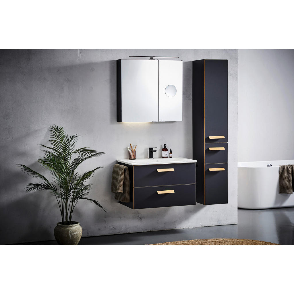 Thumbnail - Dieter Knoll Waschtischkombi Treviso, Schwarz, Eiche, Holz, Eiche, massiv, 2 Schubladen, 78 cm, Made in Germany, hängend...