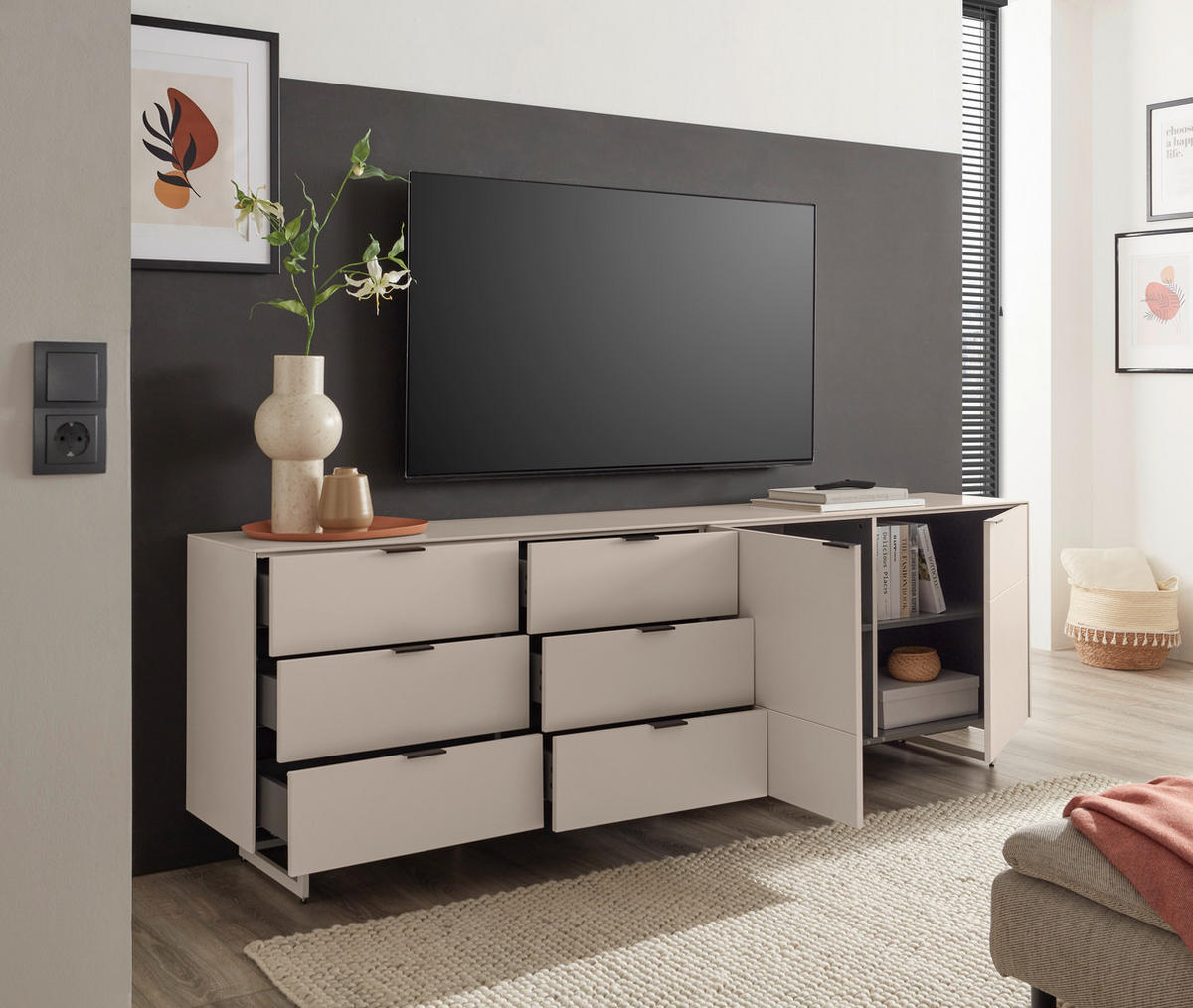 TV-ELEMENT Schwarz, Kaschmir  220/70/38 cm  - Kaschmir/Schwarz, MODERN, Holzwerkstoff/Metall (220/70/38cm) - Carryhome