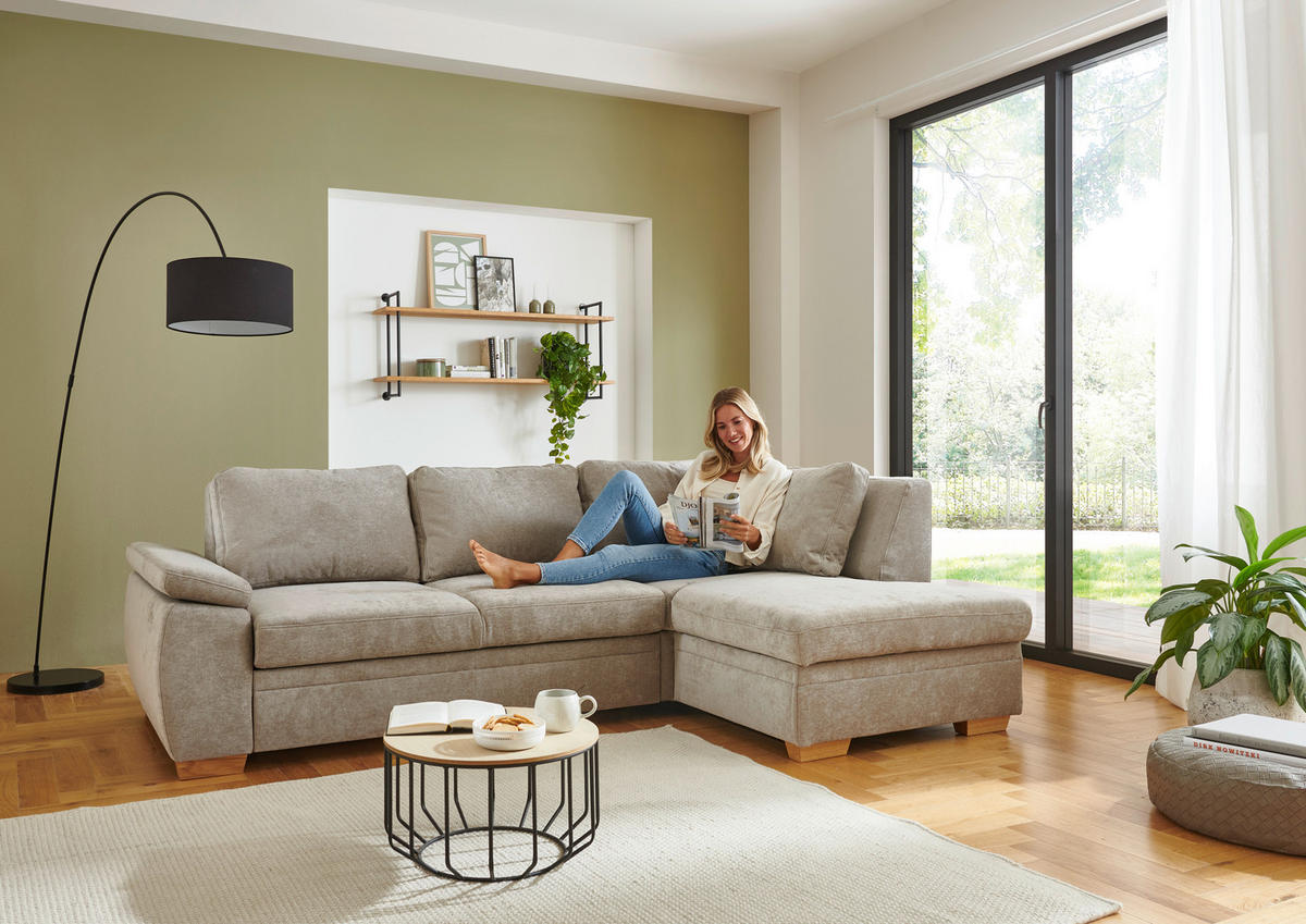 ECKSCHLAFSOFA  in Chenille Hellbraun  - Hellbraun/Eiche Bianco, KONVENTIONELL, Holz/Textil (253/170cm) - Beldomo Style