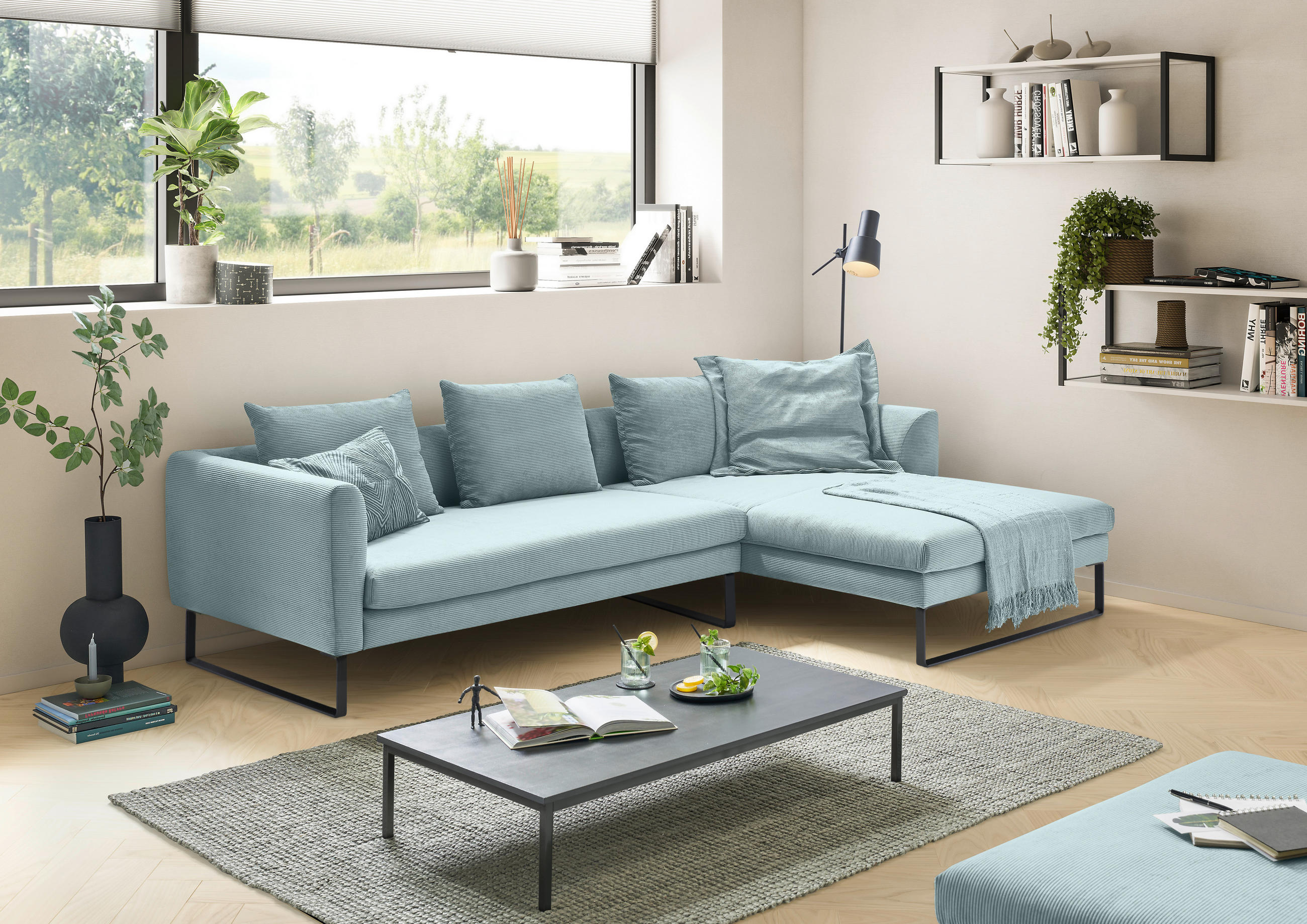 ECKSOFA Hellblau Cord  - Schwarz/Hellblau, KONVENTIONELL, Textil/Metall (284/178cm) - Hom`in