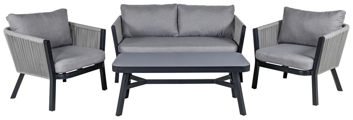 LOUNGEGARNITUR 4-teilig   Aluminium  - Schwarz/Grau, KONVENTIONELL, Textil/Metall - Gardenson
