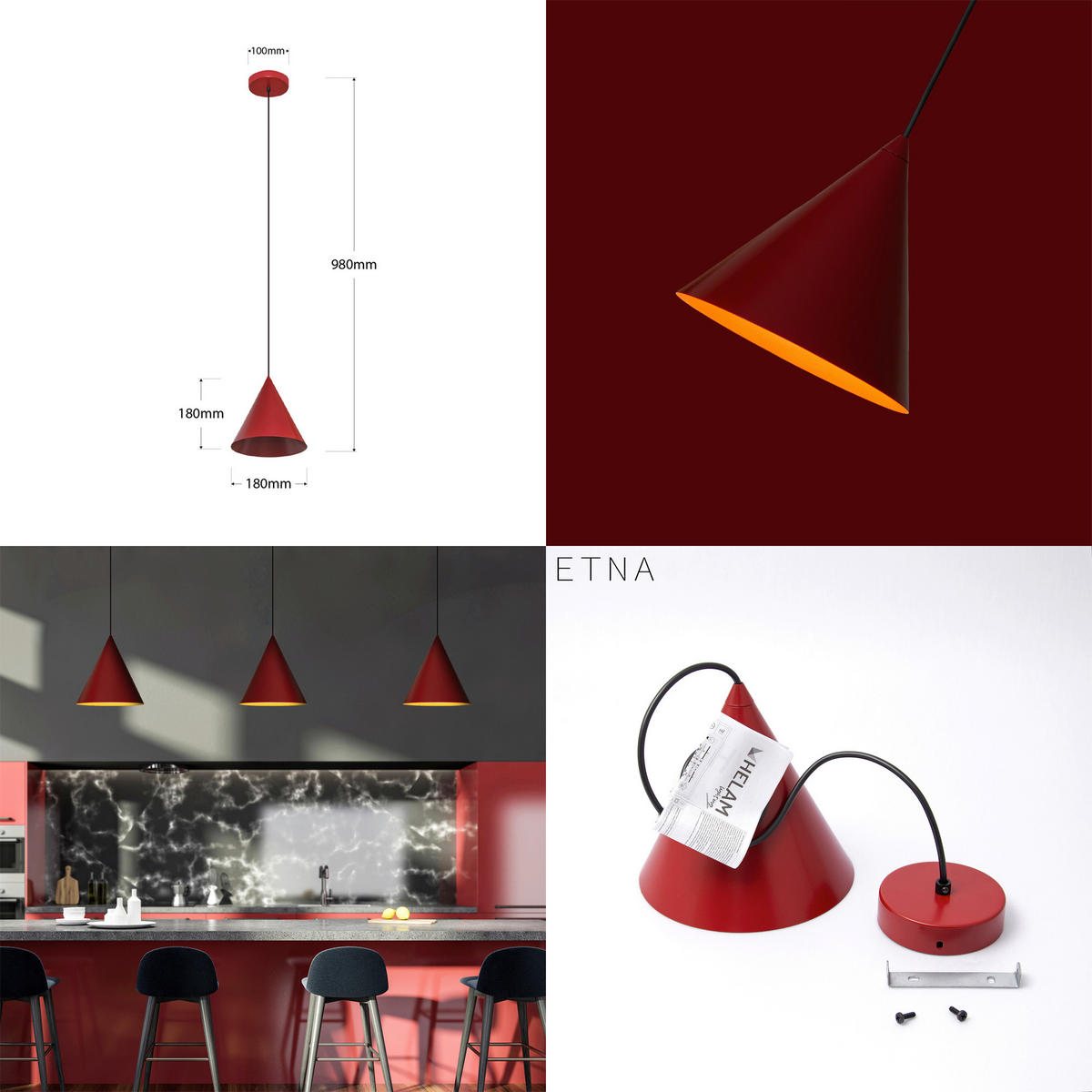 HÄNGELEUCHTE ETNA 18/18/98 cm   - Weinrot, Design, Metall (18/18/98cm)