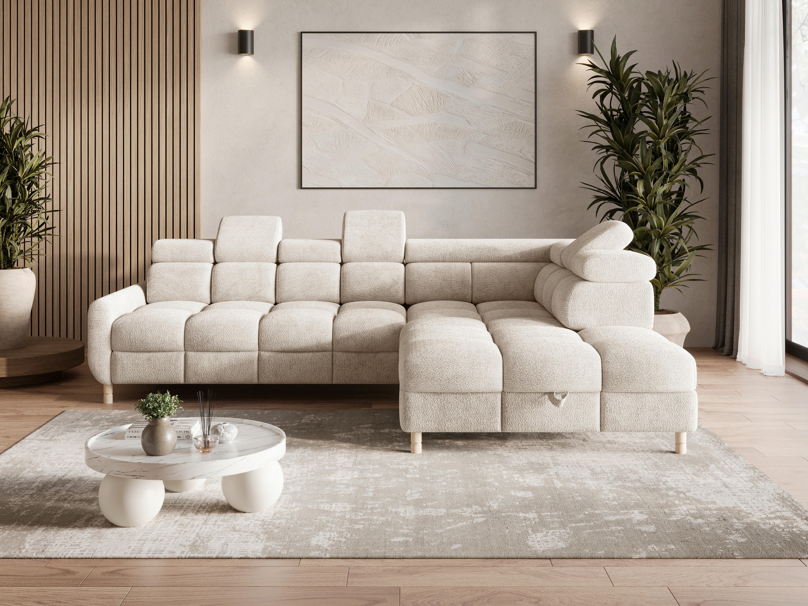 ECKSOFA BUN Beige Bouclé Schlaffunktion, Rücken echt, Kopfteilverstellung, Stauraum, Kopfstütze  - Elfenbein/Beige, Design, Holz/Textil (276/209cm) - MID.YOU