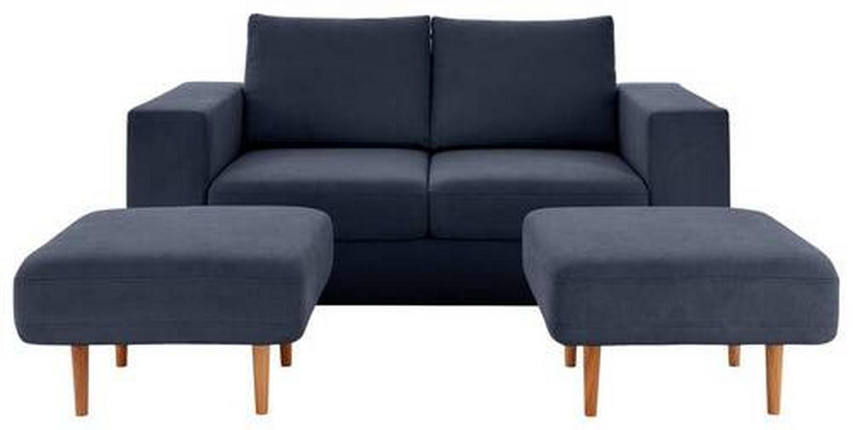 DREISITZER-SOFA inkl. Hocker Webstoff Dunkelblau  - Eichefarben/Dunkelblau, Design, Holz/Textil (212/96/107cm) - LOOKS by W.Joop