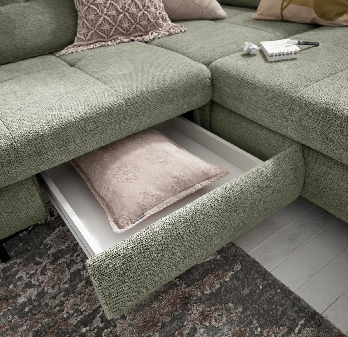 ECKSOFA Grün Webstoff  - Schwarz/Grün, KONVENTIONELL, Textil/Metall (220/314cm) - SetOne by Musterring