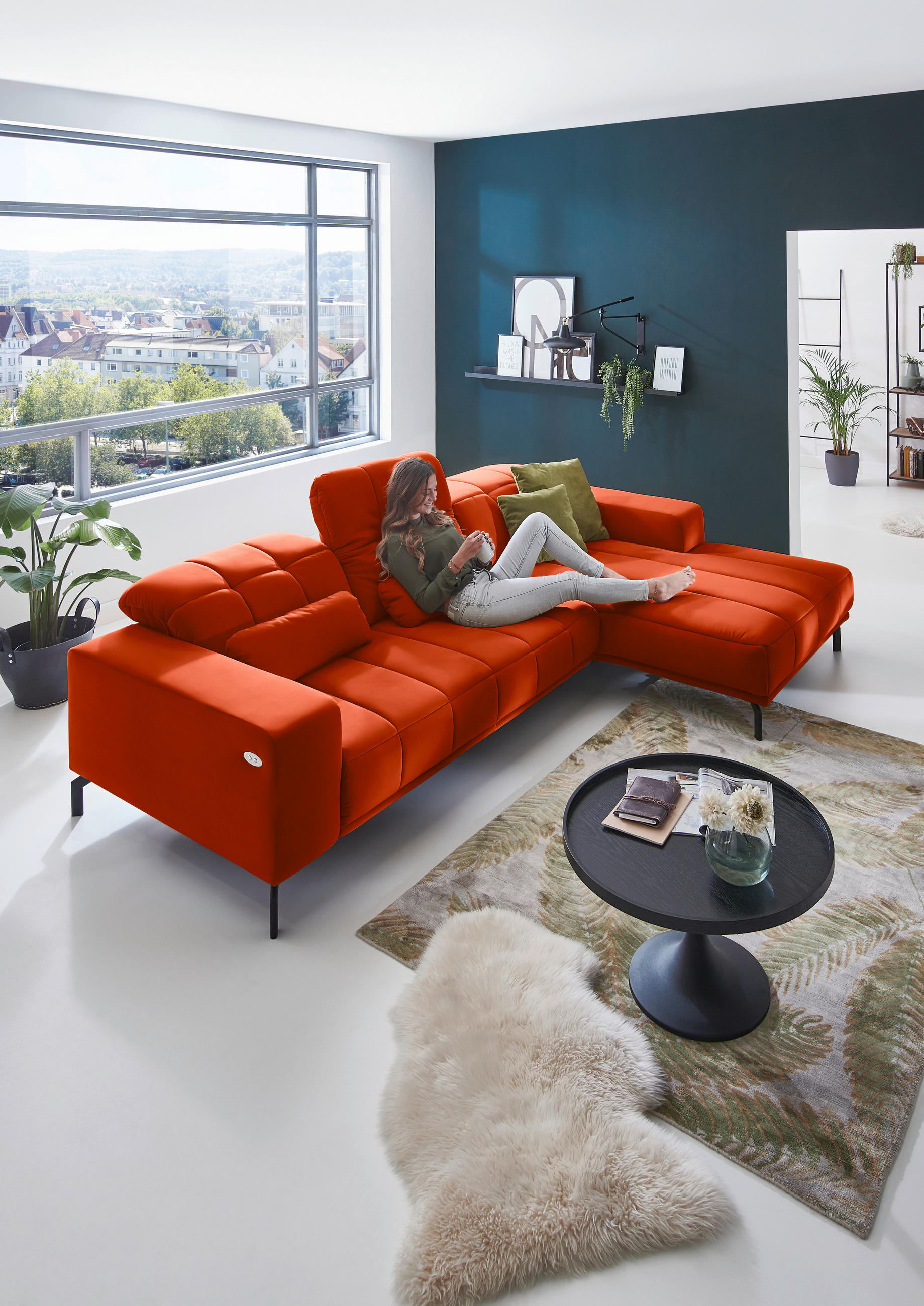 ECKSOFA Orange Velours  - Schwarz/Orange, Design, Textil/Metall (293/195cm) - Beldomo Style