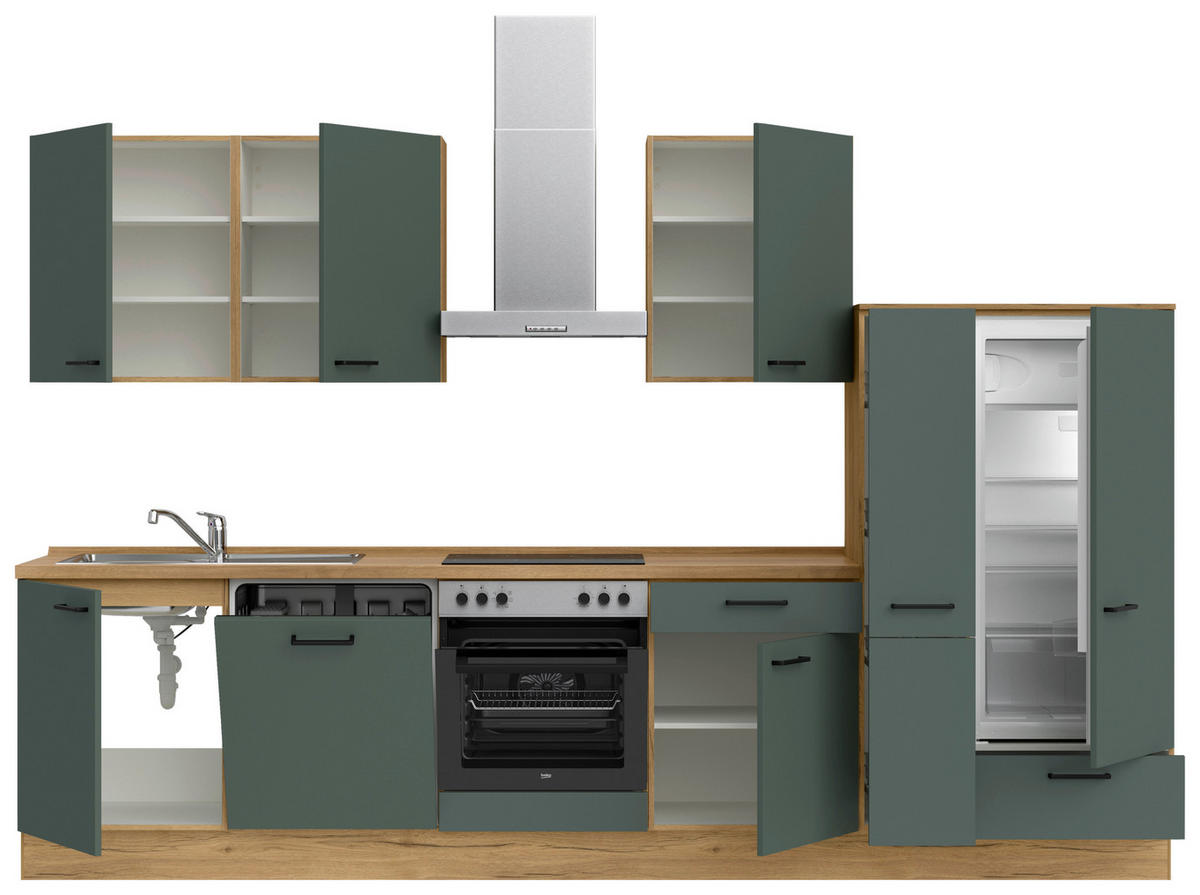 KÜCHENBLOCK 330 cm   in Eichefarben, Dunkelgrün  - Dunkelgrün/Eichefarben, MODERN, Holzwerkstoff/Metall (330cm) - Nobilia