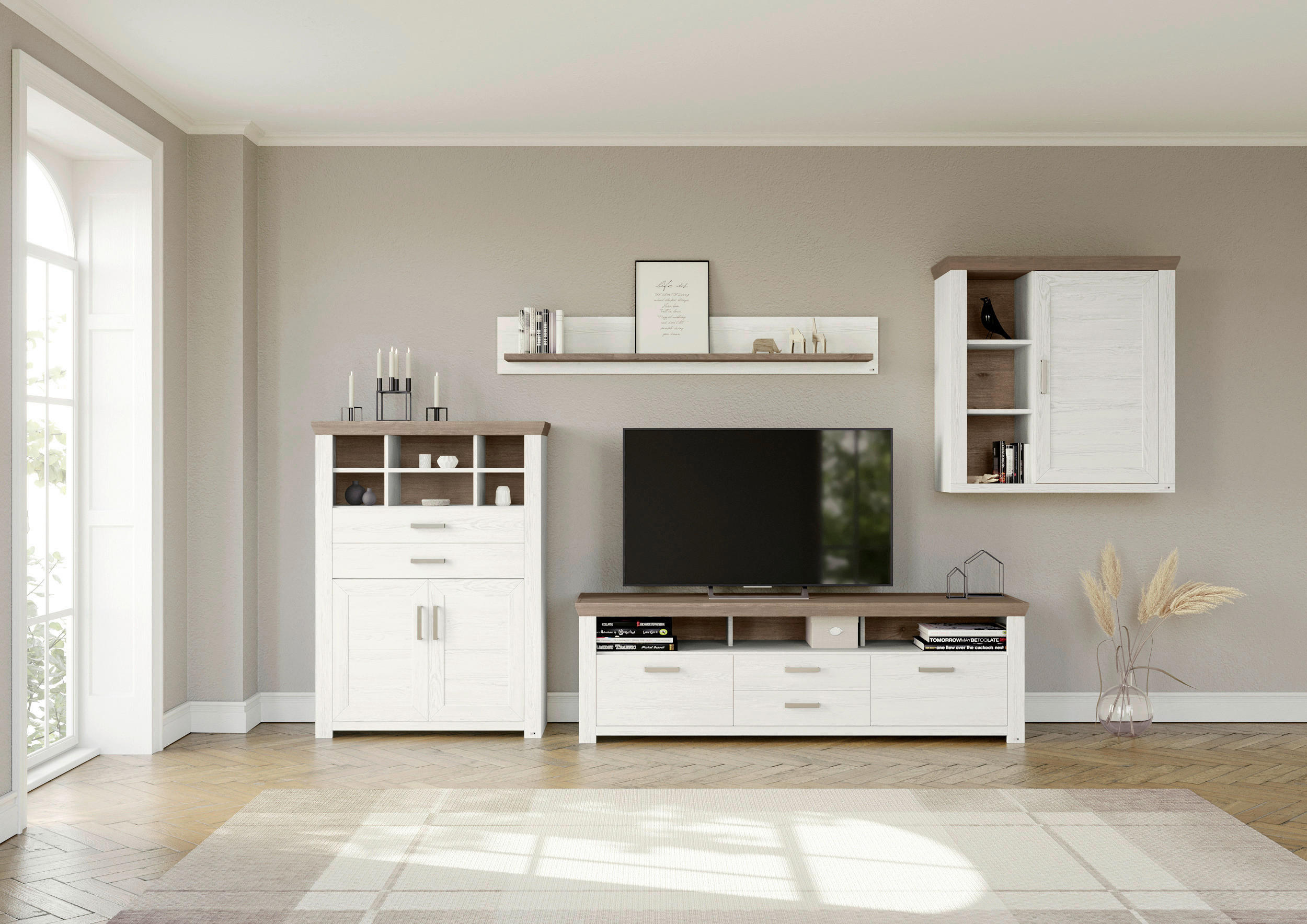 Thumbnail - SetOne by Musterring Wohnwand, Weiß, Eiche, Metall, 3,5 Fächer, 6 Schublade(n) Schubladen, 374x207x51.2 cm, Beimöbel erh...