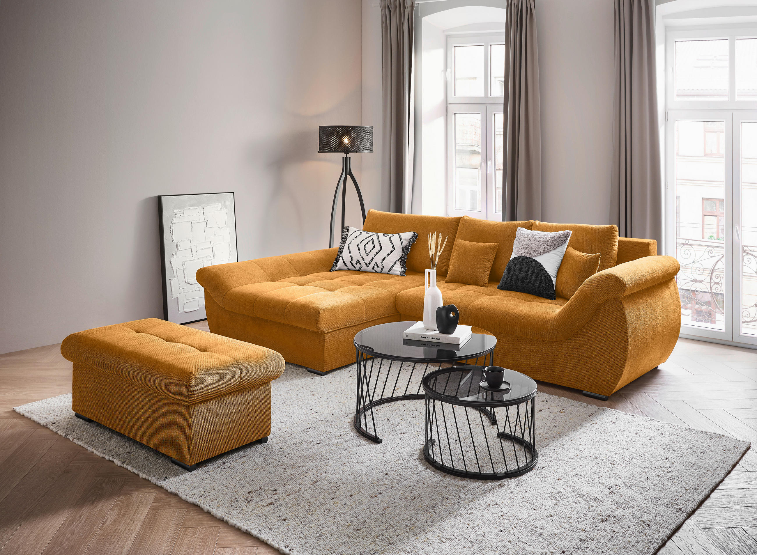 ECKSOFA Senfgelb Flachgewebe  - Senfgelb/Schwarz, Design, Kunststoff/Textil (175/278cm) - Xora