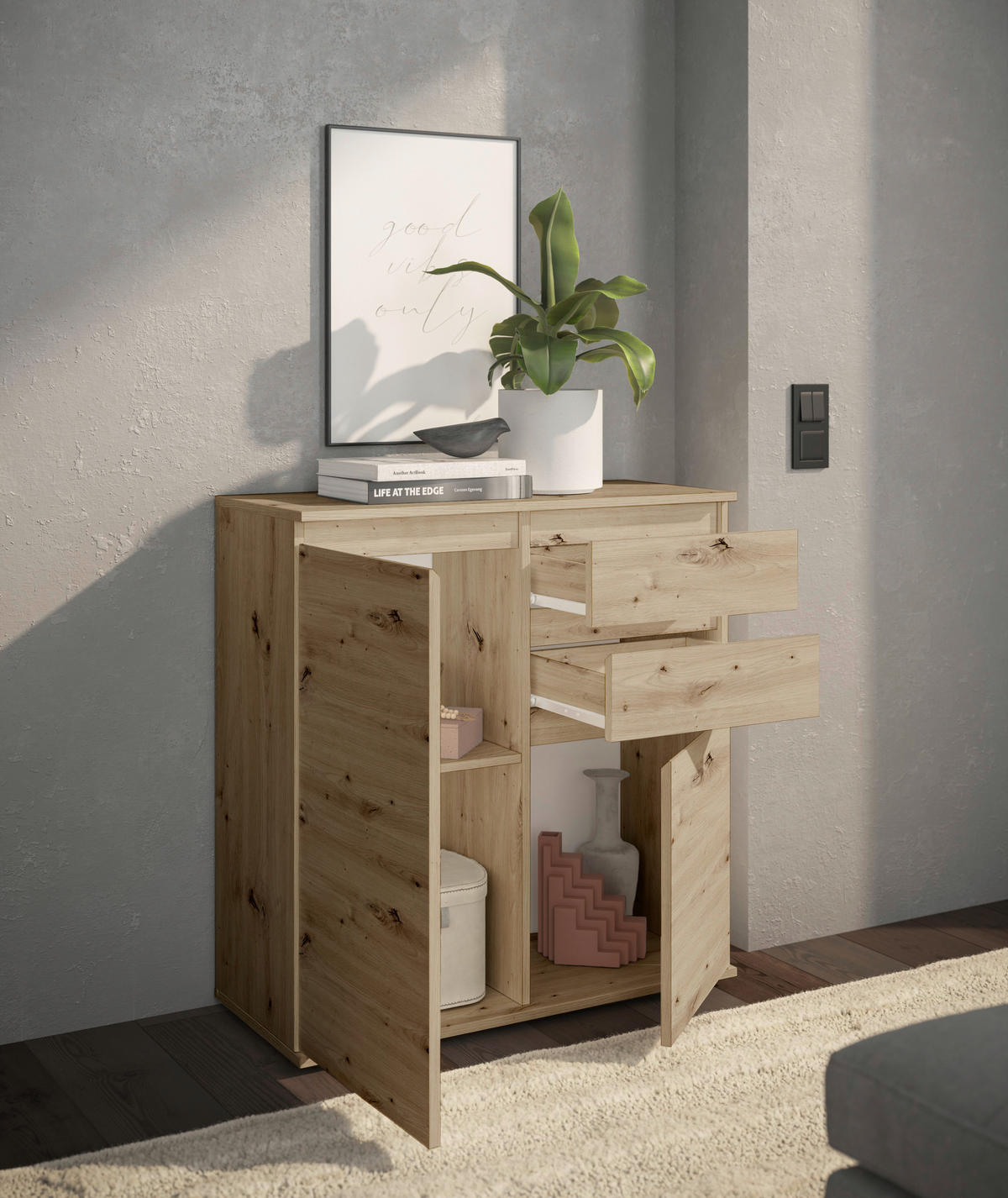 KOMMODE Brest, 80/84/35 cm, 1 Schublade(n)  - Eiche Artisan/Grau, Design, Holzwerkstoff/Kunststoff (80/84/35cm) - Boxxx