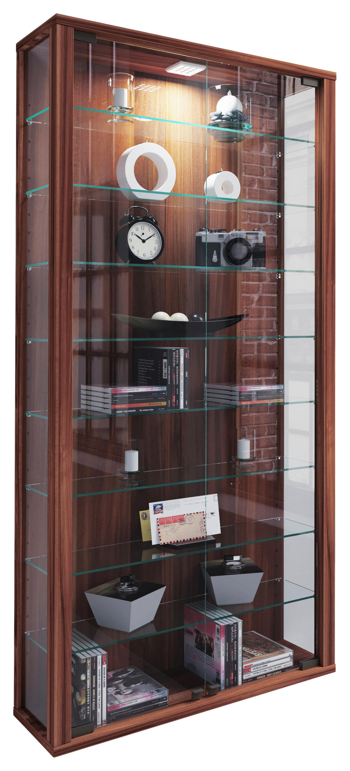 VITRINE in Nussbaumfarben  - Nussbaumfarben/Schwarz, Design, Glas/Holzwerkstoff (59/114/18cm) - MID.YOU