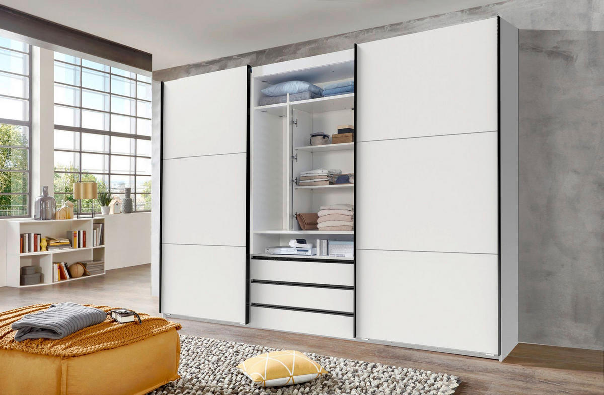 SCHWEBETÜRENSCHRANK in Silberfarben, Weiß  - Chromfarben/Silberfarben, MODERN, Glas/Holzwerkstoff (300/216/65cm) - P & B