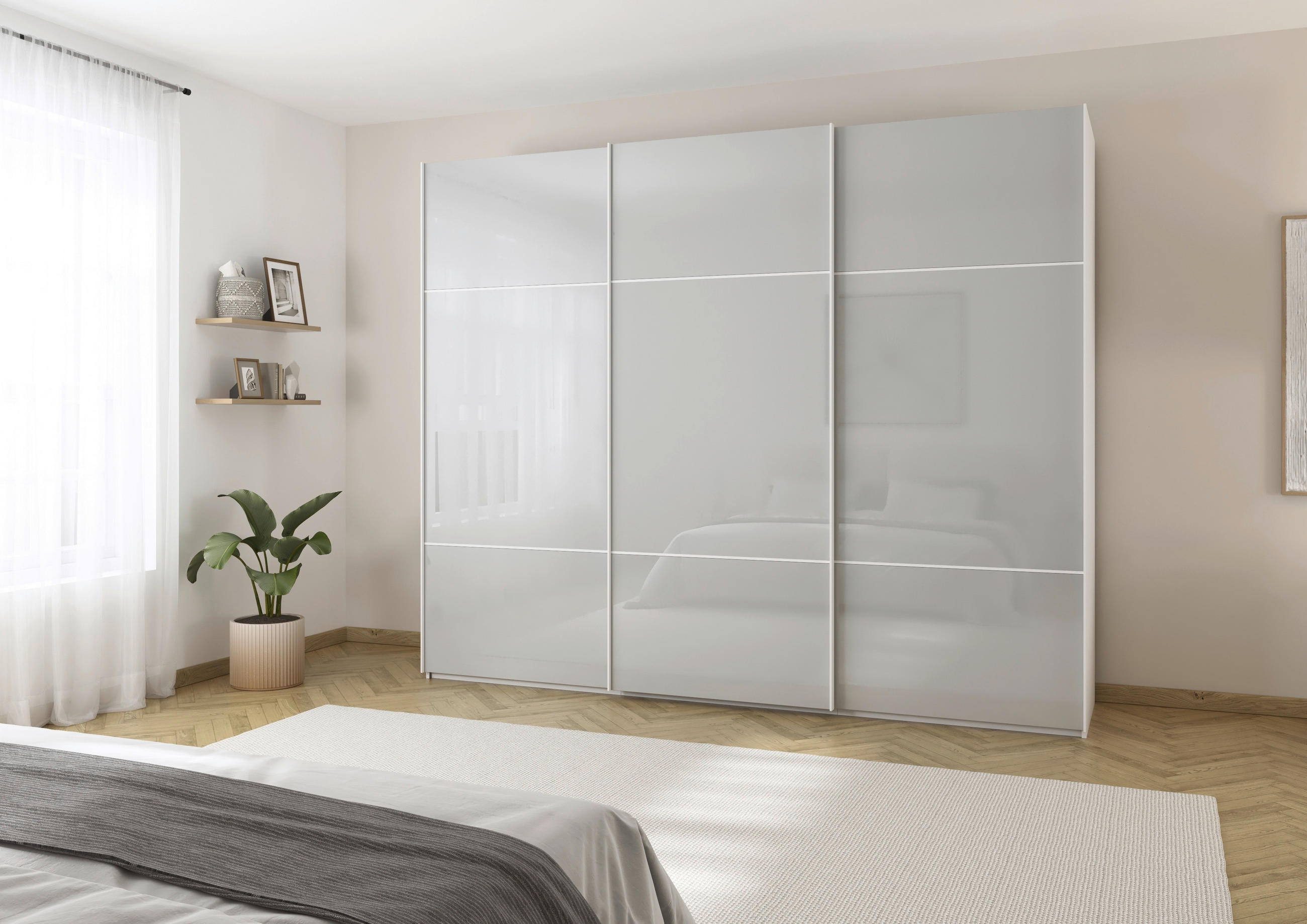 SCHWEBETÜRENSCHRANK 301/223/68 cm 3-türig Grau, Weiß  - Weiß/Grau, KONVENTIONELL, Glas/Holzwerkstoff (301/223/68cm) - Novel