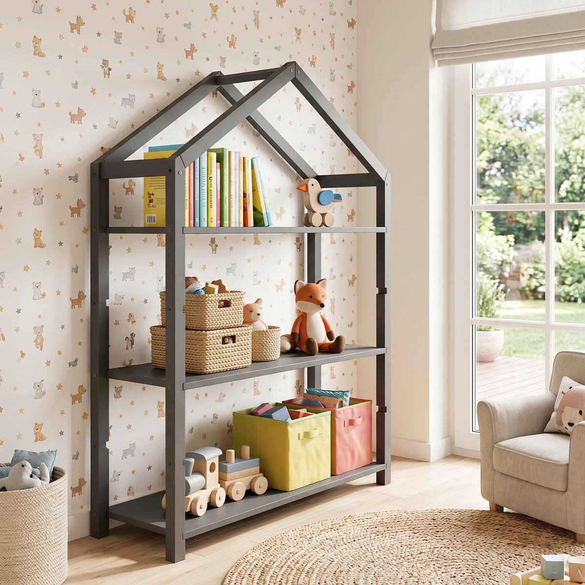 KINDERREGAL Kiefer Anthrazit  - Anthrazit, MODERN, Holz (111/141/40cm) - Vipack