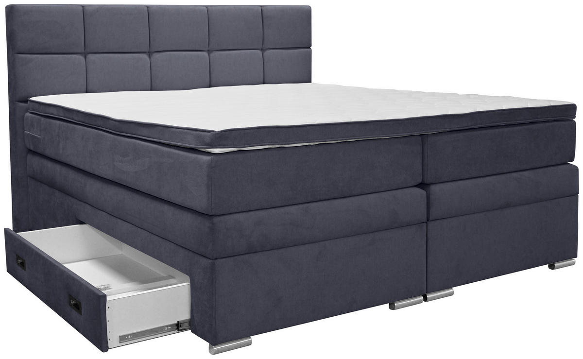BOXSPRINGBETT 160/200 cm,  in Dunkelblau, Topper, Matratzen, Bettschubladen, H3 + H3 = fest  - Alufarben/Dunkelblau, KONVENTIONELL, Kunststoff/Textil (160/200cm) - Carryhome