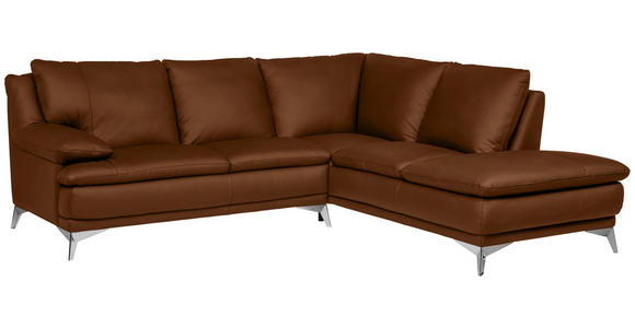 ECKSOFA Cognac Echtleder  - Chromfarben/Cognac, Design, Leder/Metall (242/224cm) - Novel