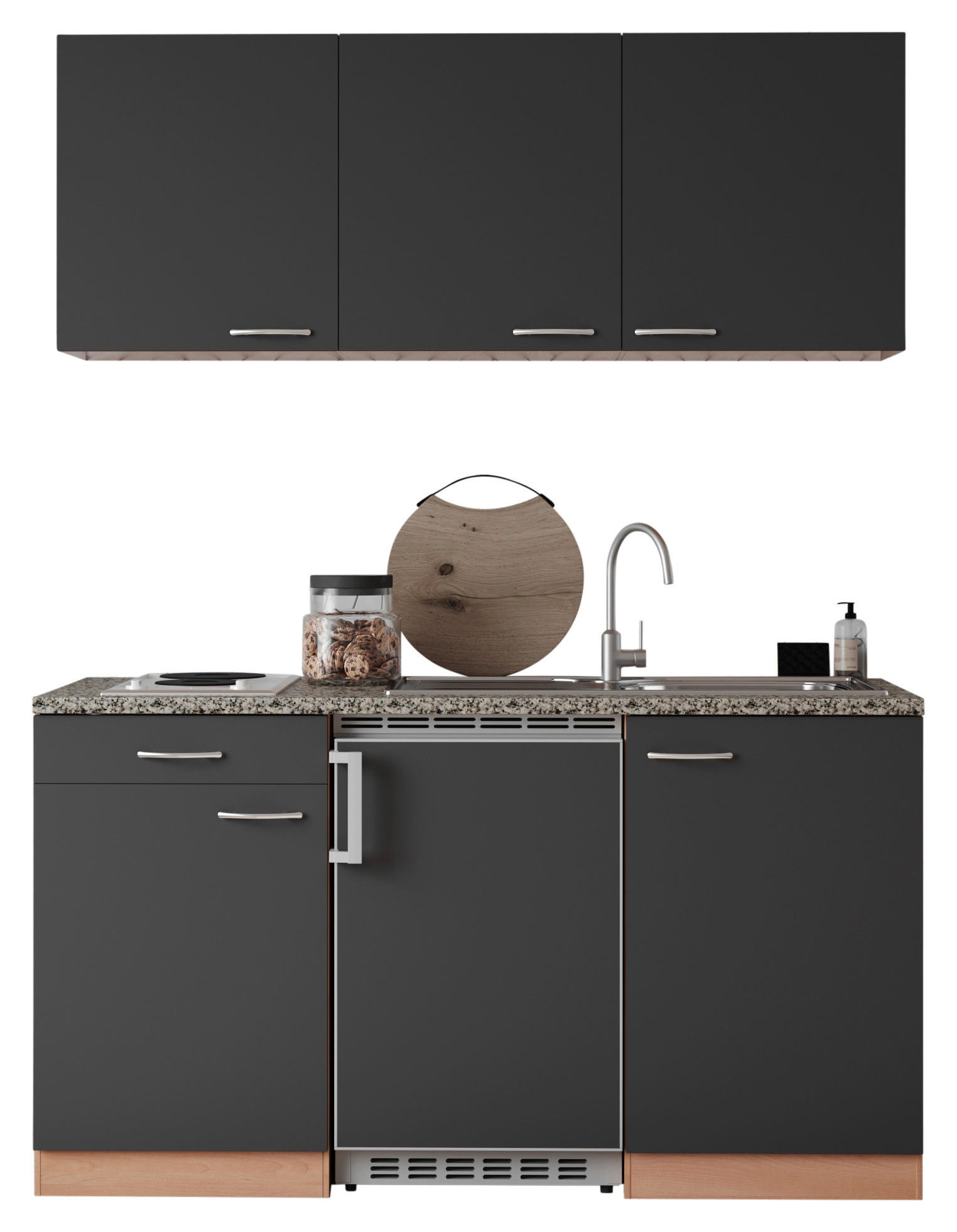 MINIKÖK 150 cm   i grå, bokfärgad  - bokfärgad/aluminiumfärg, Klassisk, trämaterial/plast (150cm) - Respekta