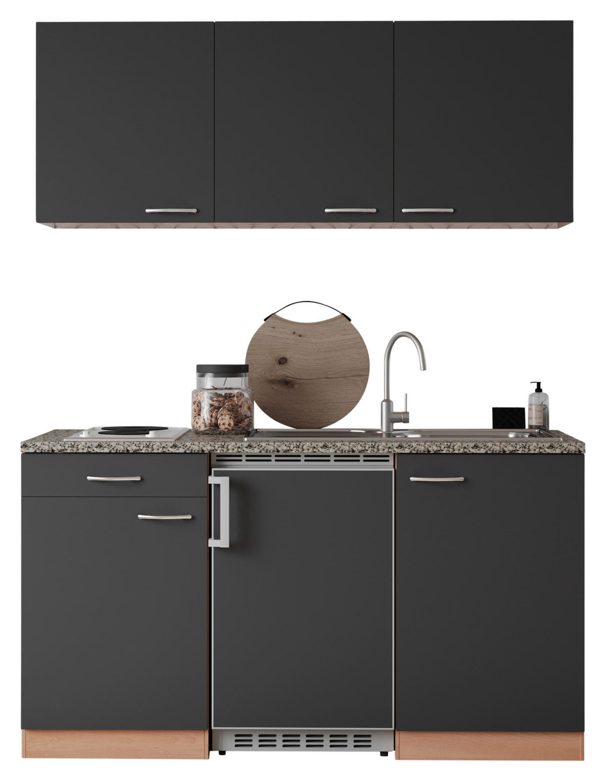 MINIKÜCHE 150 cm   in Grau, Buchefarben  - Buchefarben/Alufarben, Konventionell, Holzwerkstoff/Kunststoff (150cm) - Respekta
